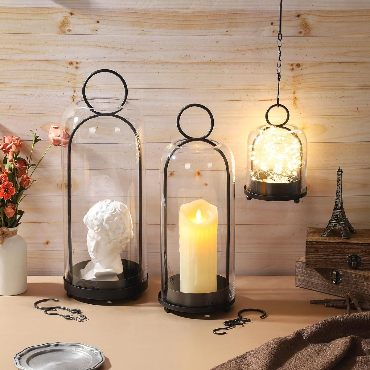 16" High Versatile Modern Metal Hurricane Lantern with Handmade Sturdy Glass Dome in Black for Pillar Candle & Plants