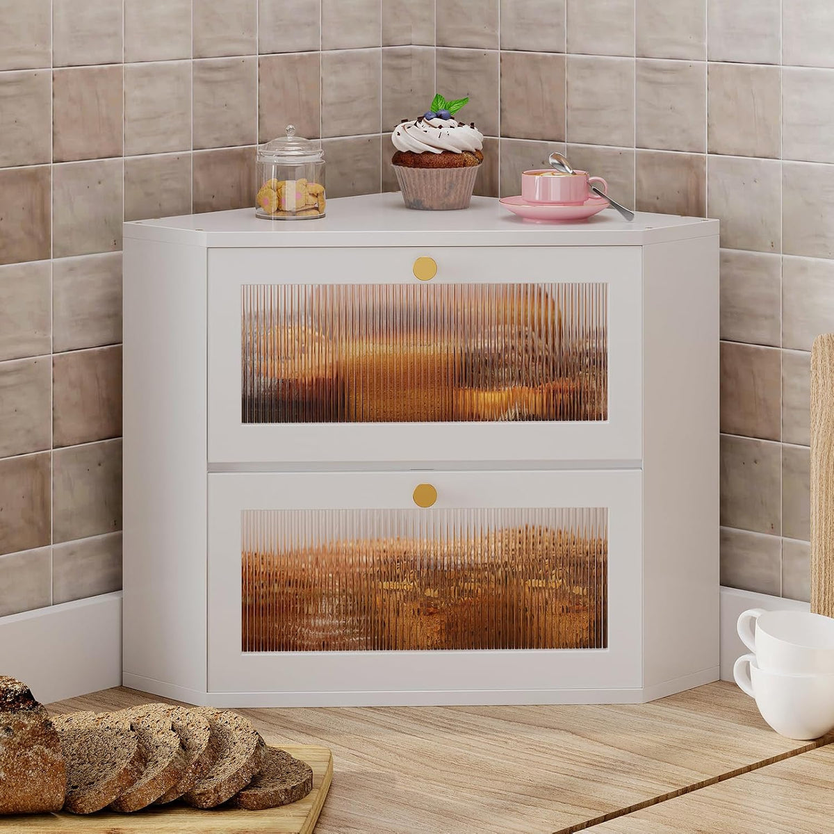 Trironsun Corner Bamboo Bread Box for Kitchen Counter Double Layer Bread Storage Container Large Capacity Bread Storage