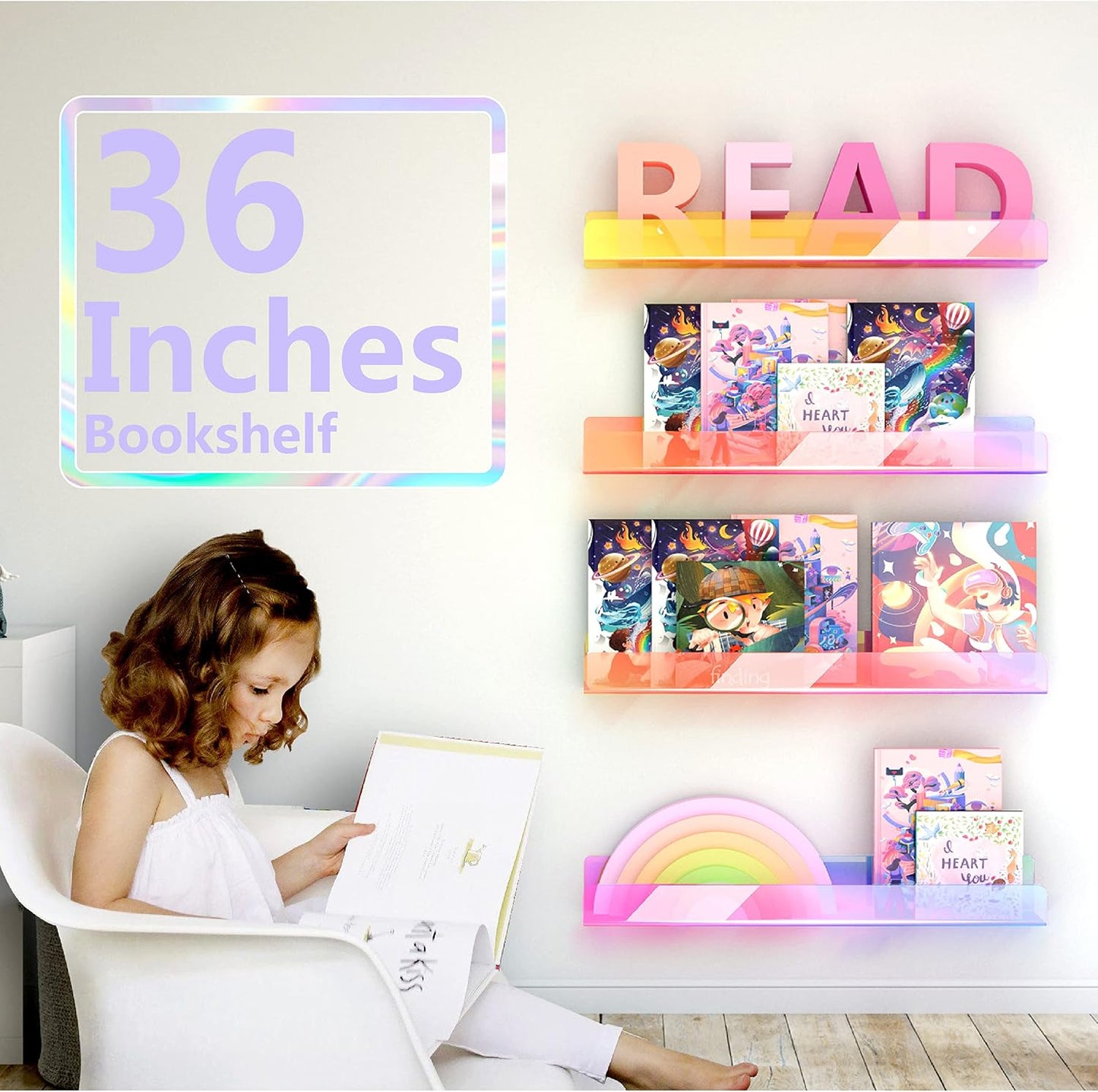 2 Pack RORKIM 36 Inch Iridescent Acrylic Floating Shelf, Kids Bookshelf | Wall Mounted Display Toy Organizer for Kids