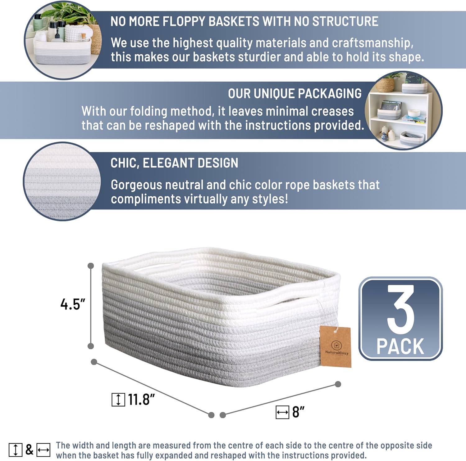 Cotton Rope Woven Small Baskets for Organizing / 3-tone Gray / 11.8 x 8 x 4.5 / Set of 3