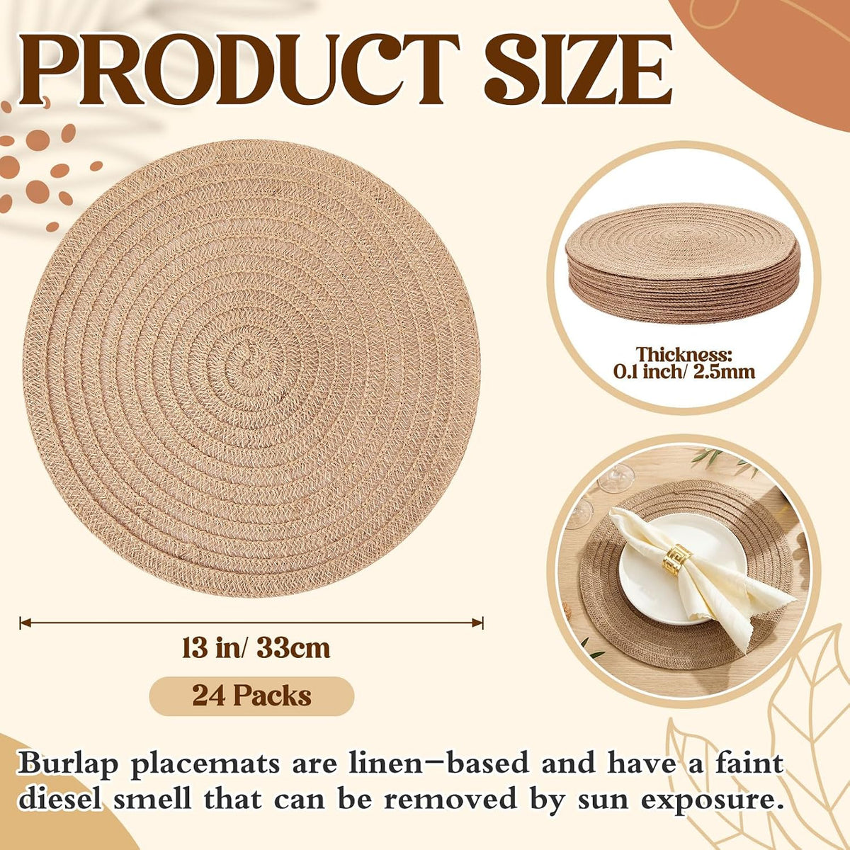 24 Pcs 13 Inch Round Burlap Woven Placemat Boho Jute Braided Charger Bulk Rustic Vintage Natural Brown Heat Resistant