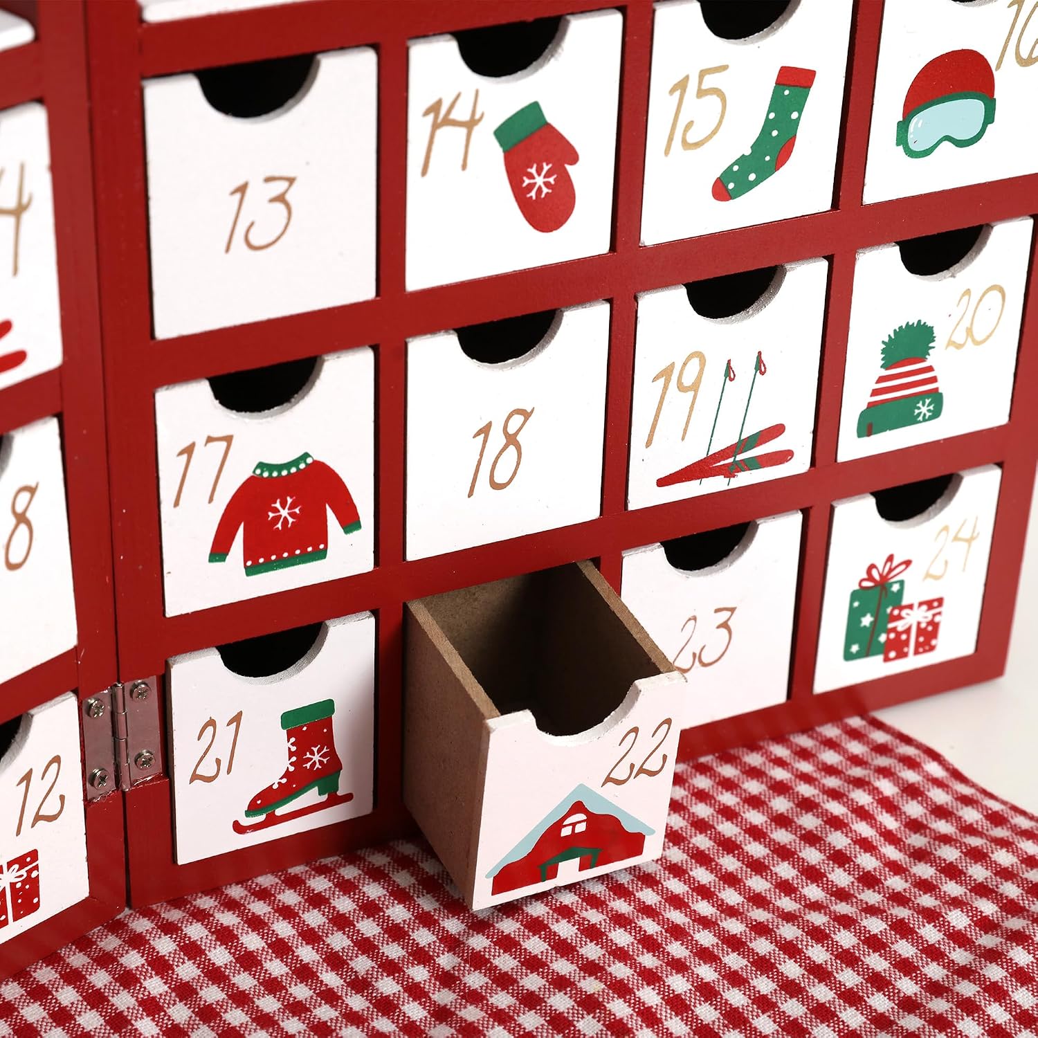 Christmas Wooden Advent Calendar Book with LED lighting Red Color Christmas Skiing Scenes Countdown Holiday Gifts with