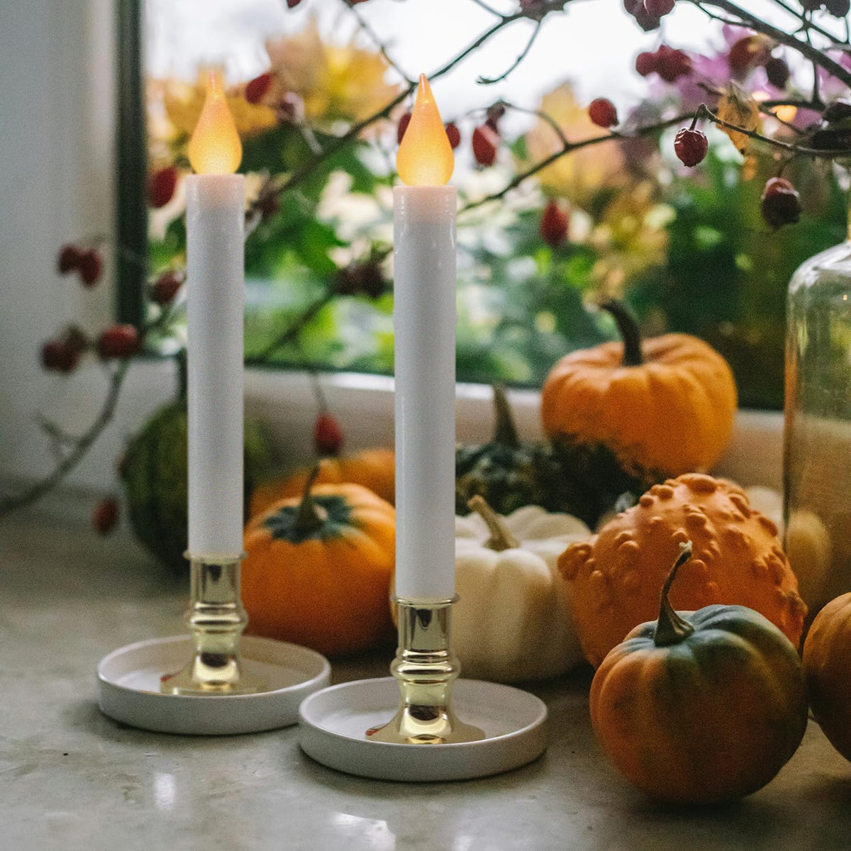 White 9.9" LED Taper Candles w/Gold Holders, 6-Pack | White flameless taper candles with gold holders, 5/19 auto timer