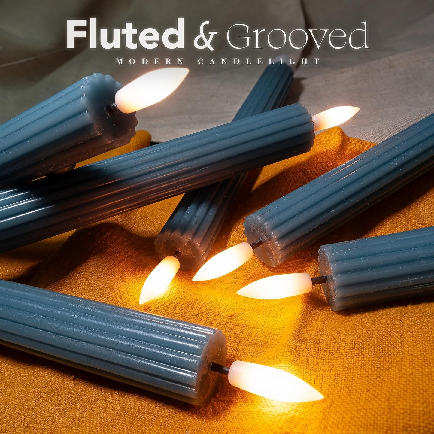 10" Fluted Ribbed LED Blue Grooved Real Wax Taper Candles, Remote & 24h Timer Memory, On/Off Switch - Flameless