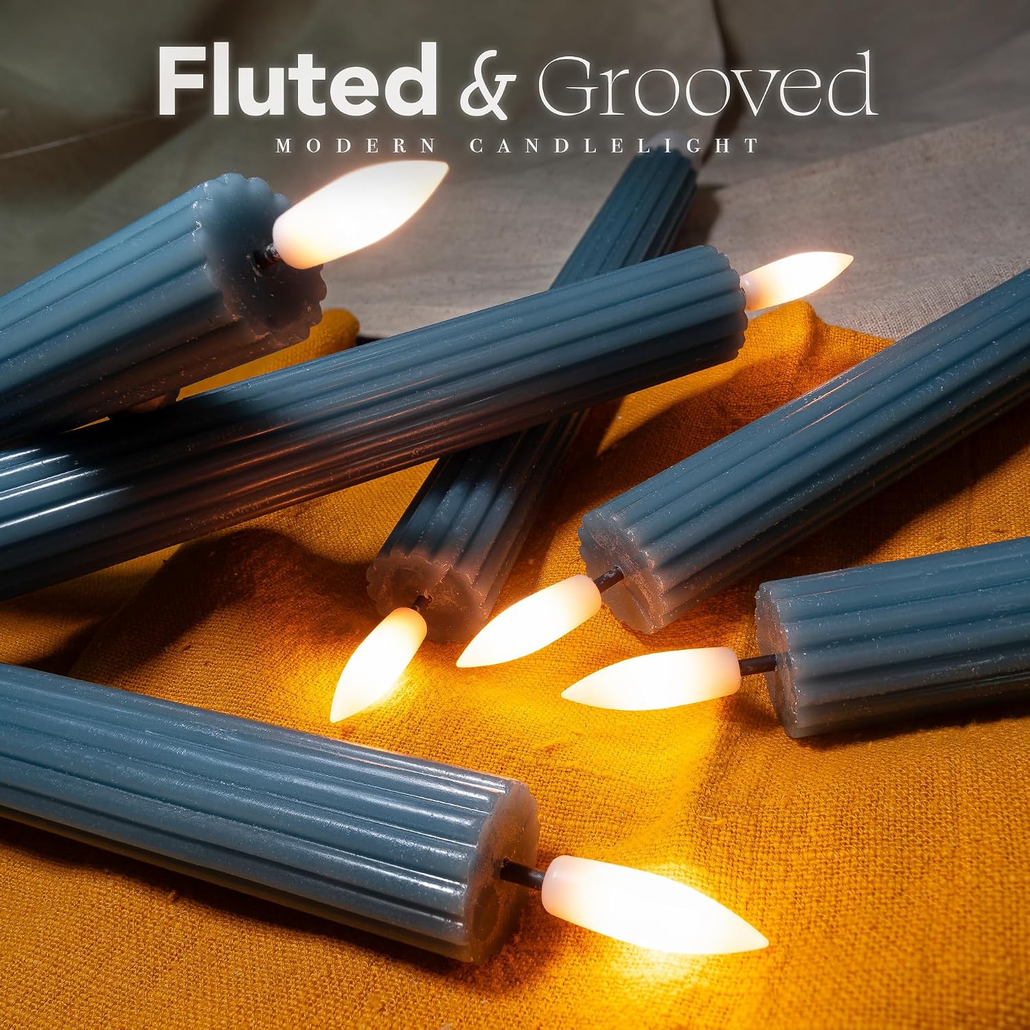 10" Fluted Ribbed LED Blue Grooved Real Wax Taper Candles, Remote & 24h Timer Memory, On/Off Switch - Flameless