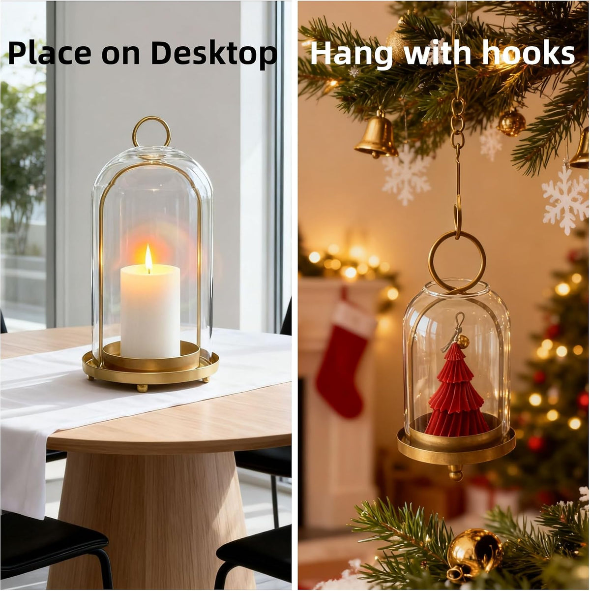 3 Pack Metal Candle Holders with Glass Dome, Gold Candlestick Holders Set | 5.5" & 4.7" & 3.9" Wide Versatile Hurricane