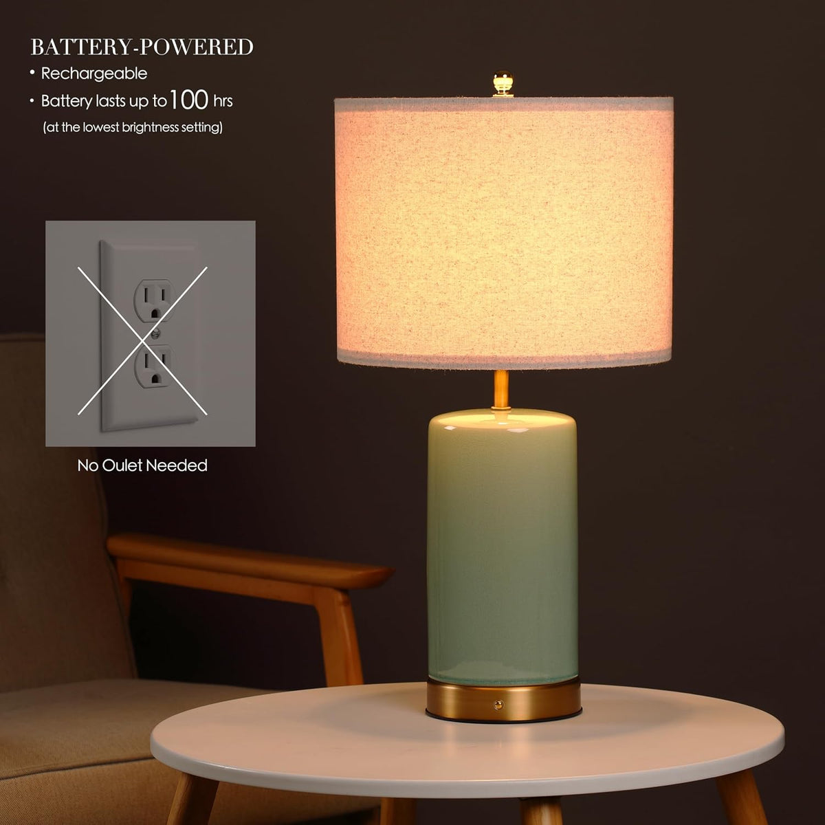 O’Bright Dune - Battery Powered Table Lamp, Rechargeable Cordless Ceramic Lamp, Full-Size 24 Inch Height, 4-Level