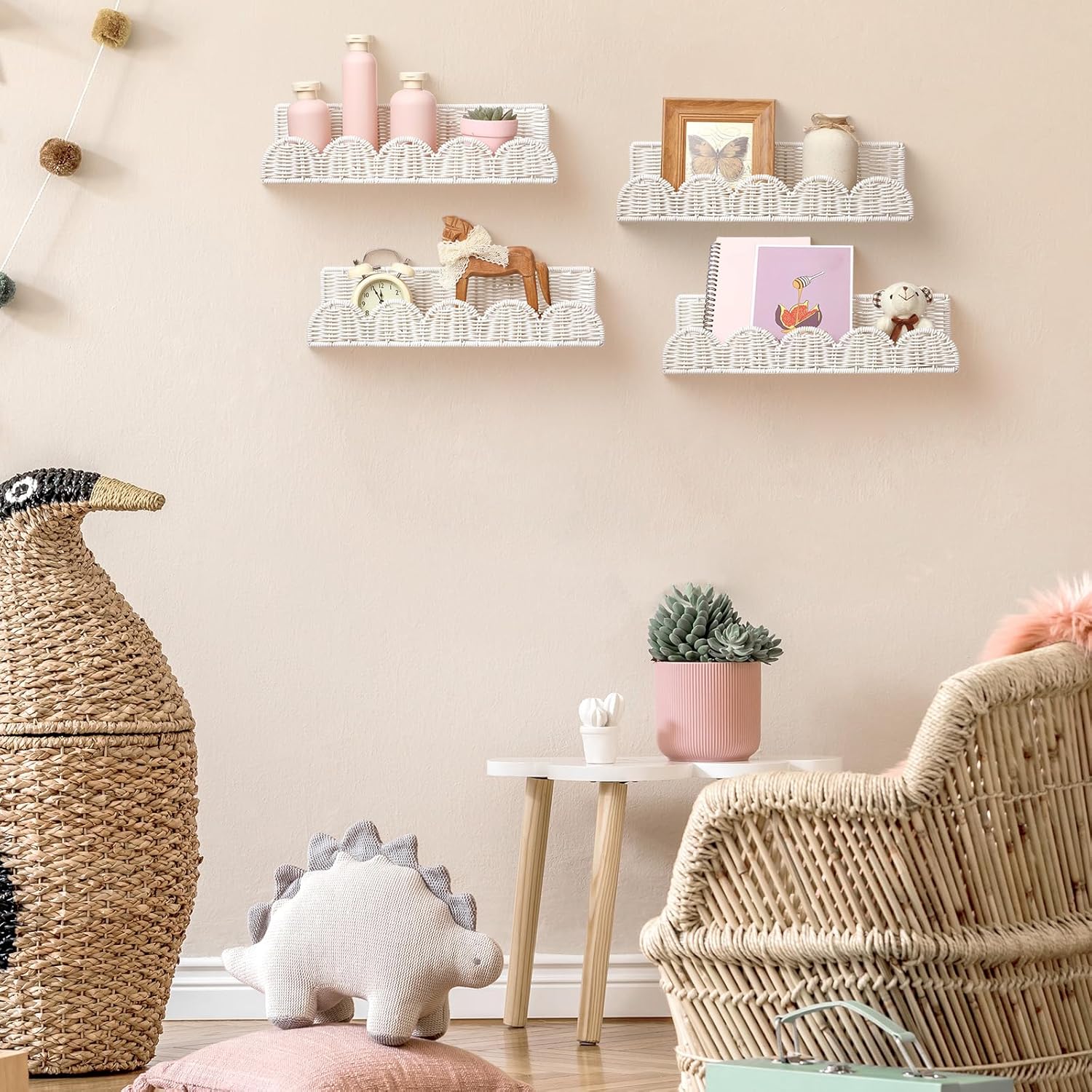 Nursery Book Shelves Rattan Scalloped Floating Bookshelves Wicker Boho / 15.8 Inch / Cute / Set of 4