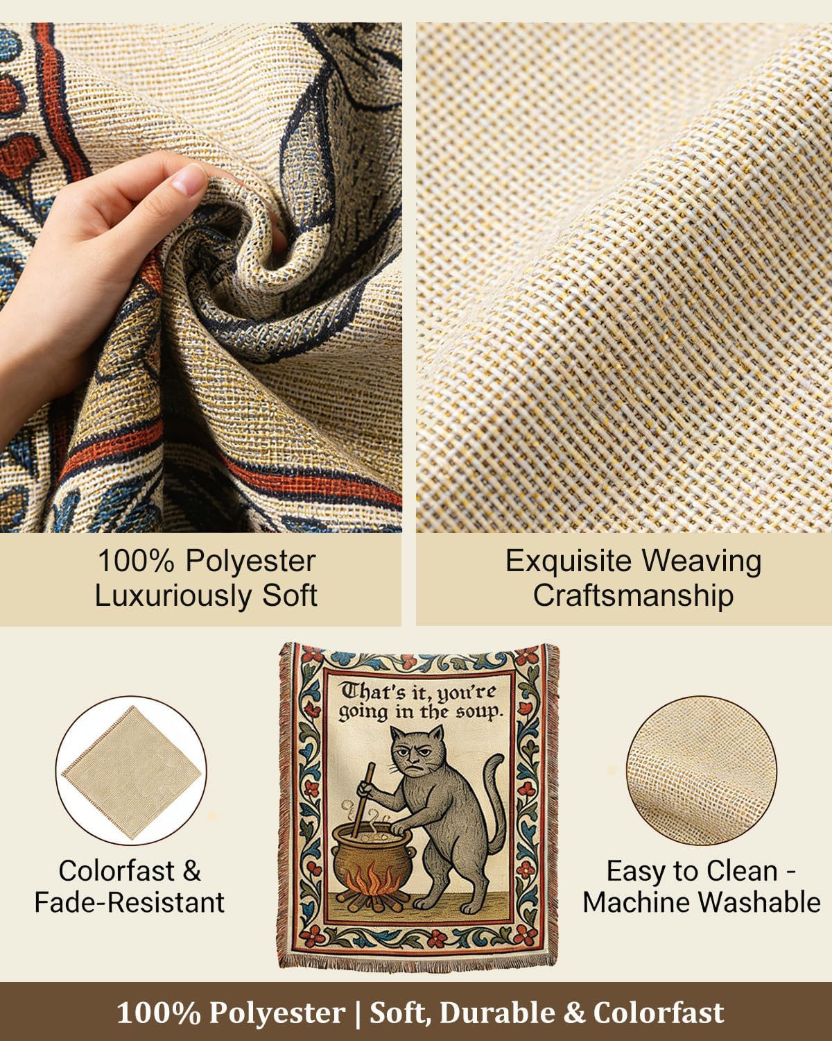 Weird Medieval Cat Woven Tapestry / 1PC