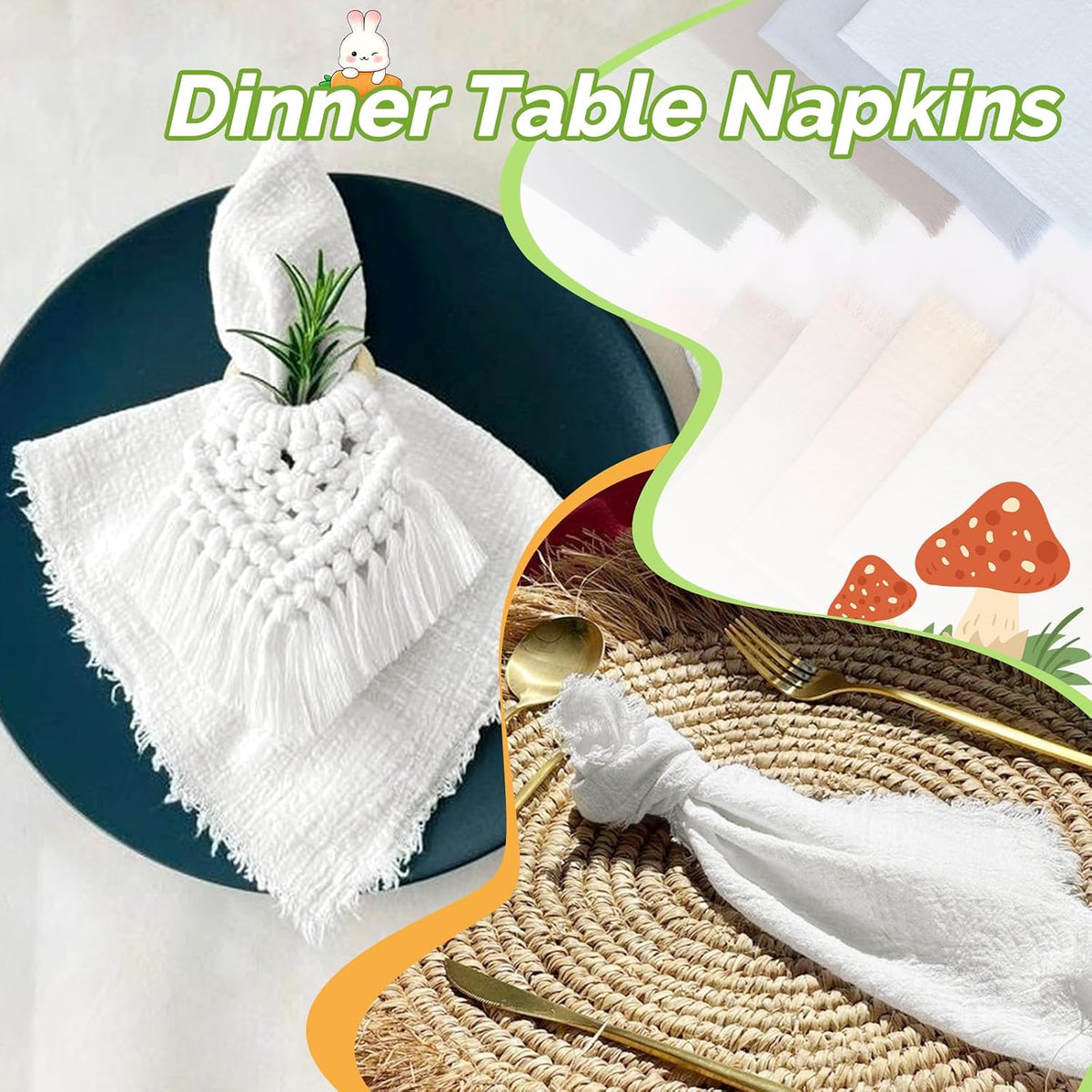 Showgeous 60 Pack White Cloth Napkins with Fringe, 16x16 inch 100% Cotton | White Napkins Handmade Dinner Napkins Bulk