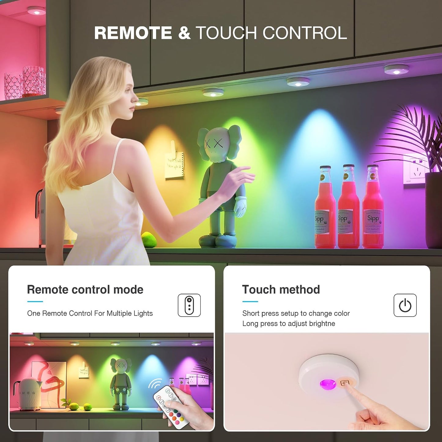 RGB Puck Lights with Remote Control,Under Cabinet Lighting,white,3 PCS | 2000mAh Battery Operated Tap Lights