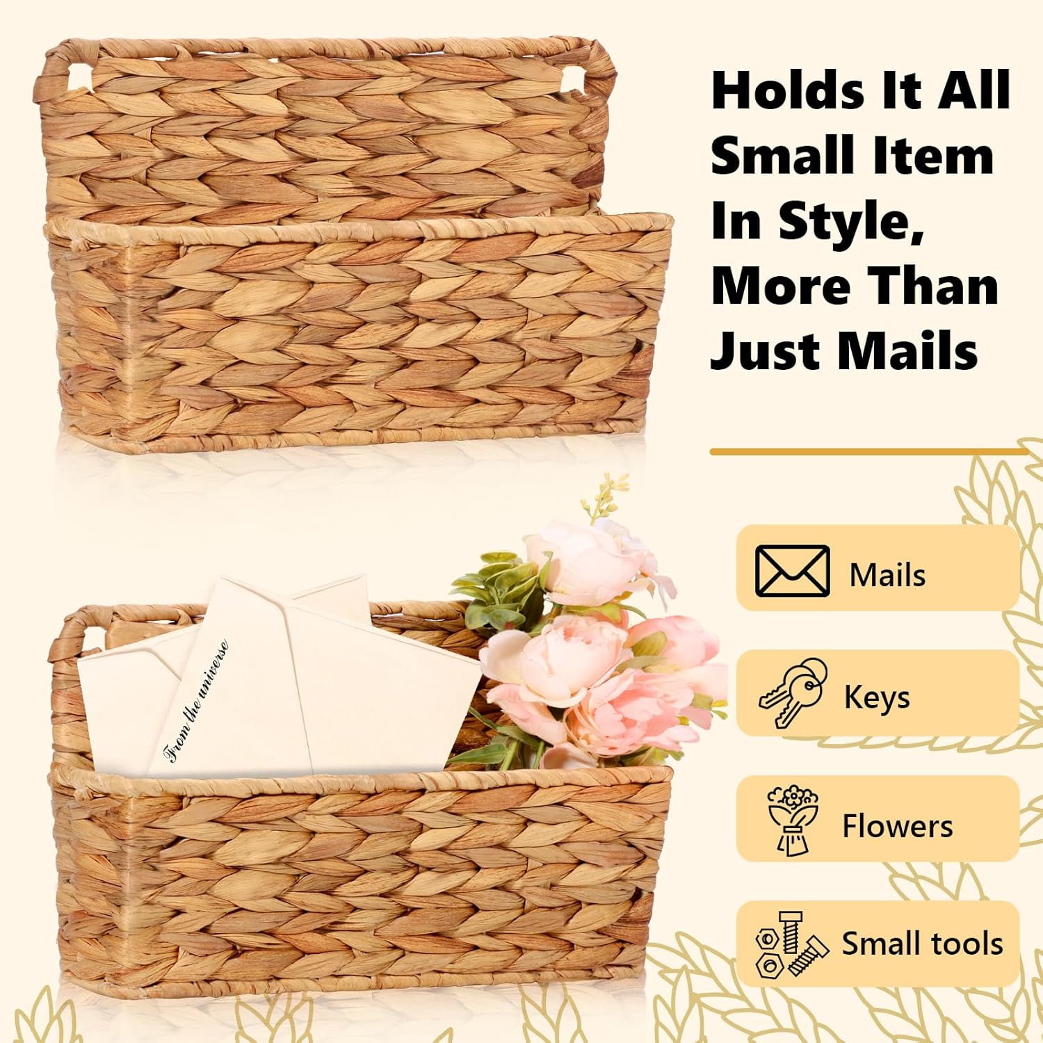 Woven Mail Holder Wall Mount Basket Rattan Wall Letter Holder Wicker Wall / 9.25 x 1.57 / Set of 2