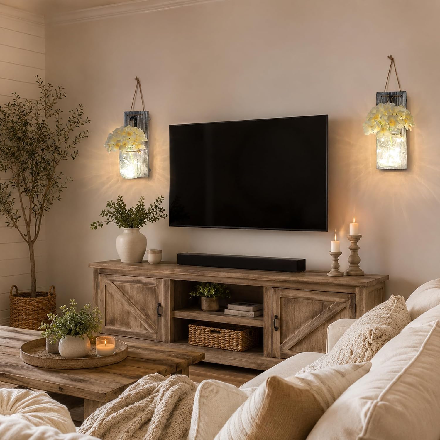 Rustic Mason Jar Sconces Wall Decor / 11"H Grey Wall Decor + Hydrangea / Set of 2