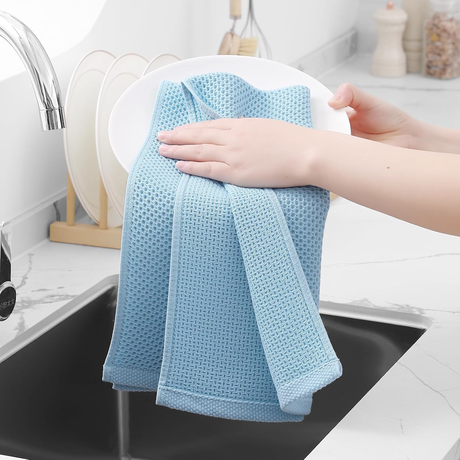 Homaxy 100% Cotton Waffle Weave Kitchen Dish Towels 6-Pack, Sky Blue | 13 x 28 Inches, Ultra Soft Absorbent Dish