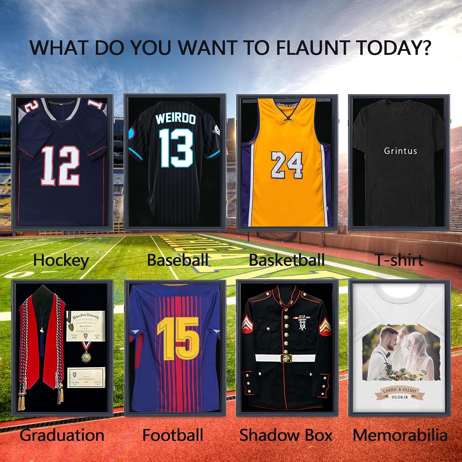 Grintus Jersey Frame Display Case, Black Shadow Box for Sports Jerseys,2P | Wall Mount, Black Jersey Shadow Box,Golden