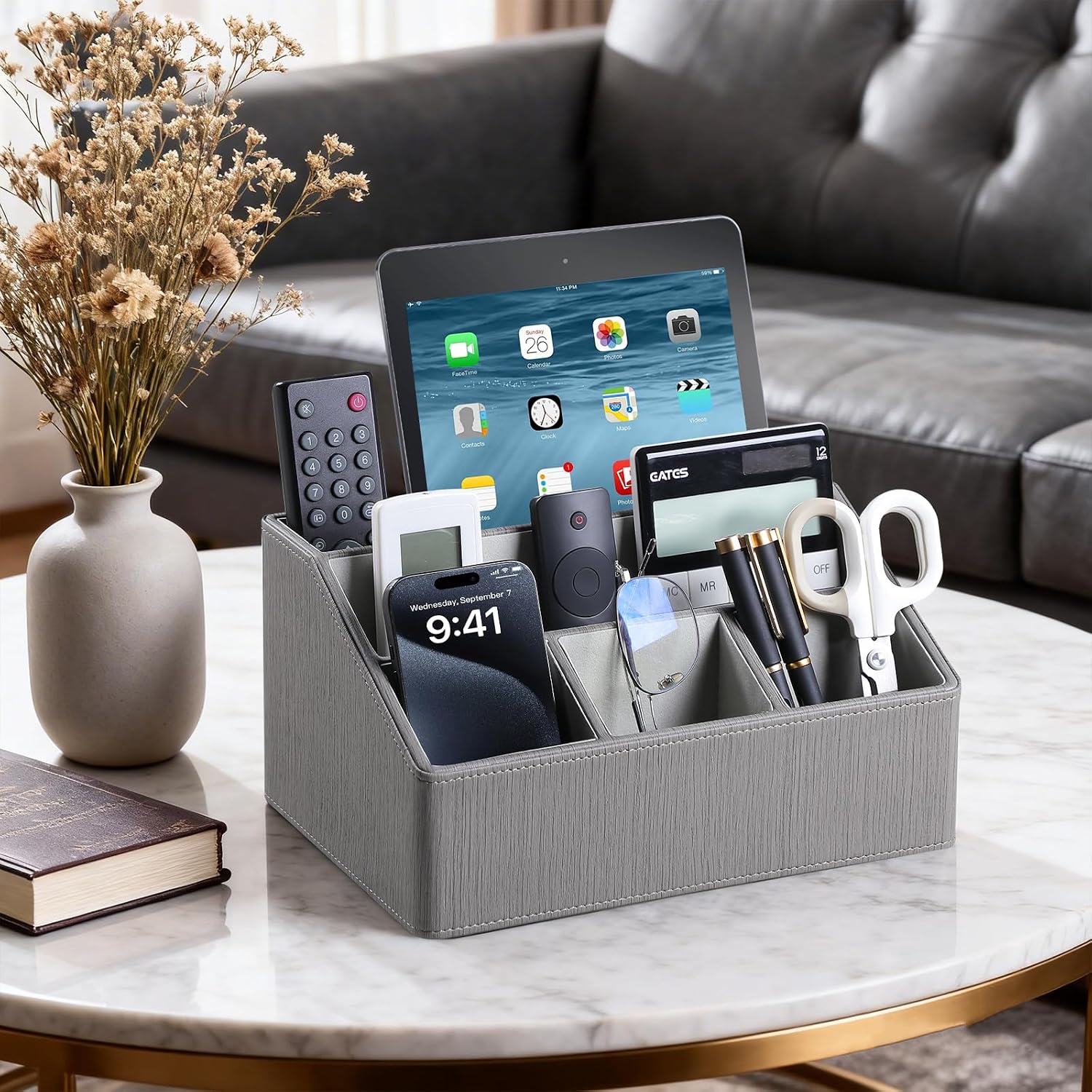 PU Leather Desk Organizer, Remote Control Holder, Grey | Luxury Nightstand Organizer for Home, Office Desk Accessories
