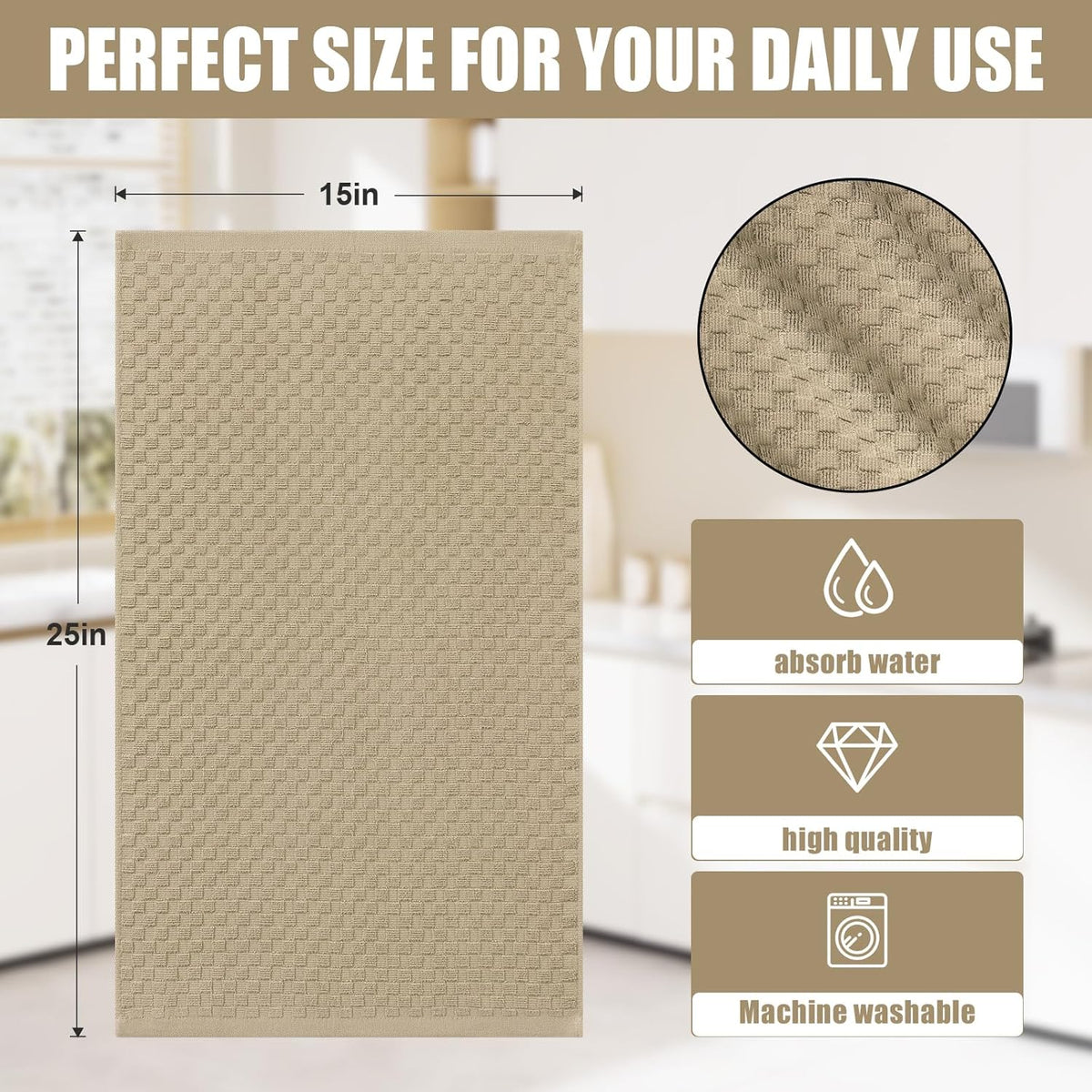Homaxy 100% Cotton Terry Kitchen Towels(15" x 25", 12 Pack), Tan | Soft and Super Absorbent Dish Towels, 380 GSM
