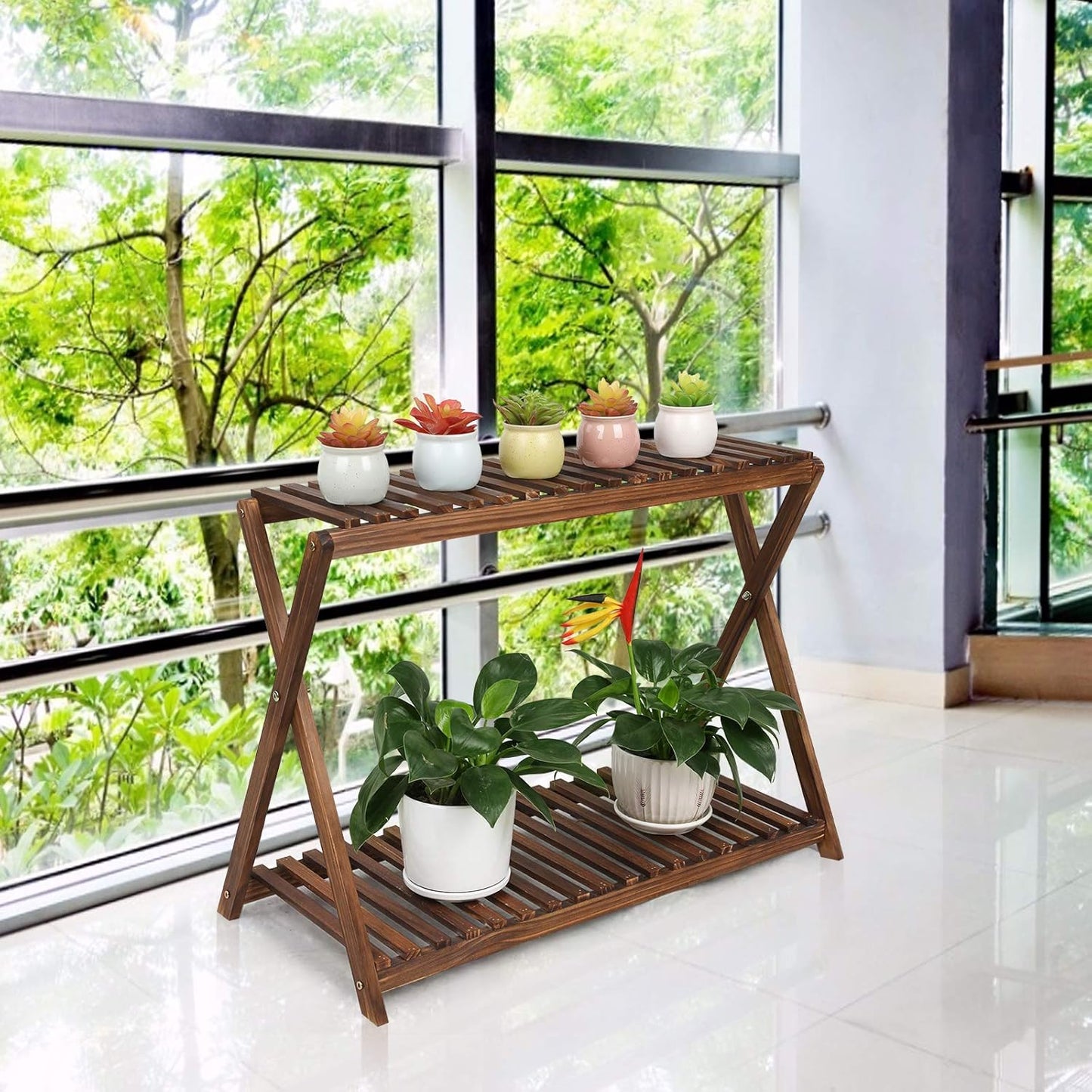 Wood Plant Stand Shelf Indoor Outdoor 2 Tier Plant Bench Corner | Stepped Flower Stand Plant Table Planter Shelf Holder