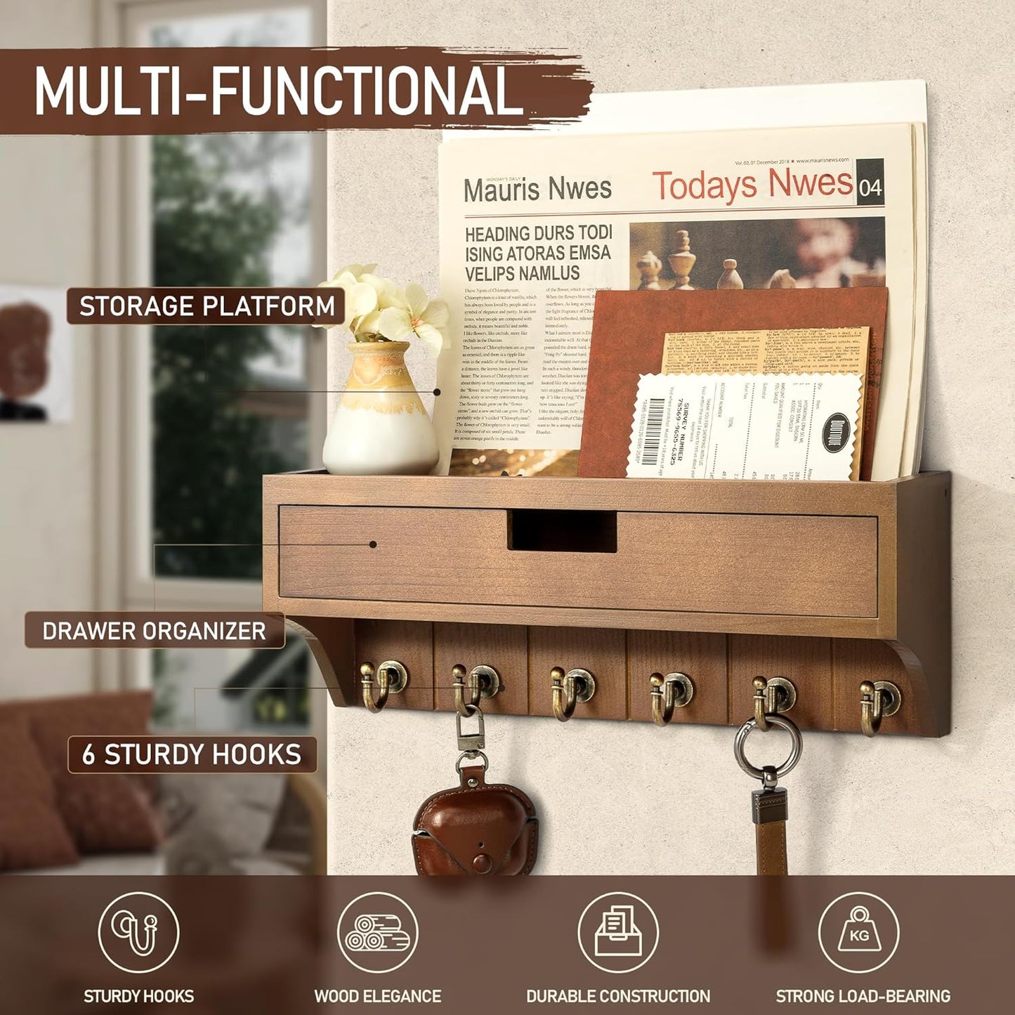 Farmhouse Pine Wood Key Holder Wall Mount / Brown / 1-drawer