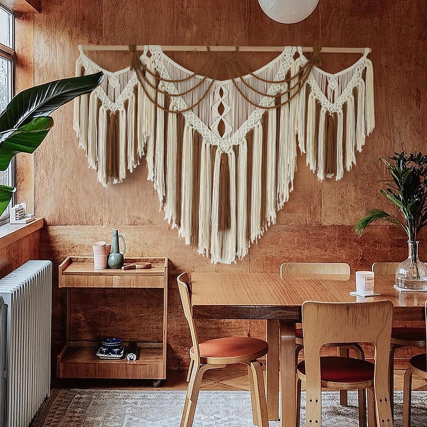 Boho Woven Wall Hanging Handwoven Geometric Tapestry Handmade Macrame Decor / Brown and White