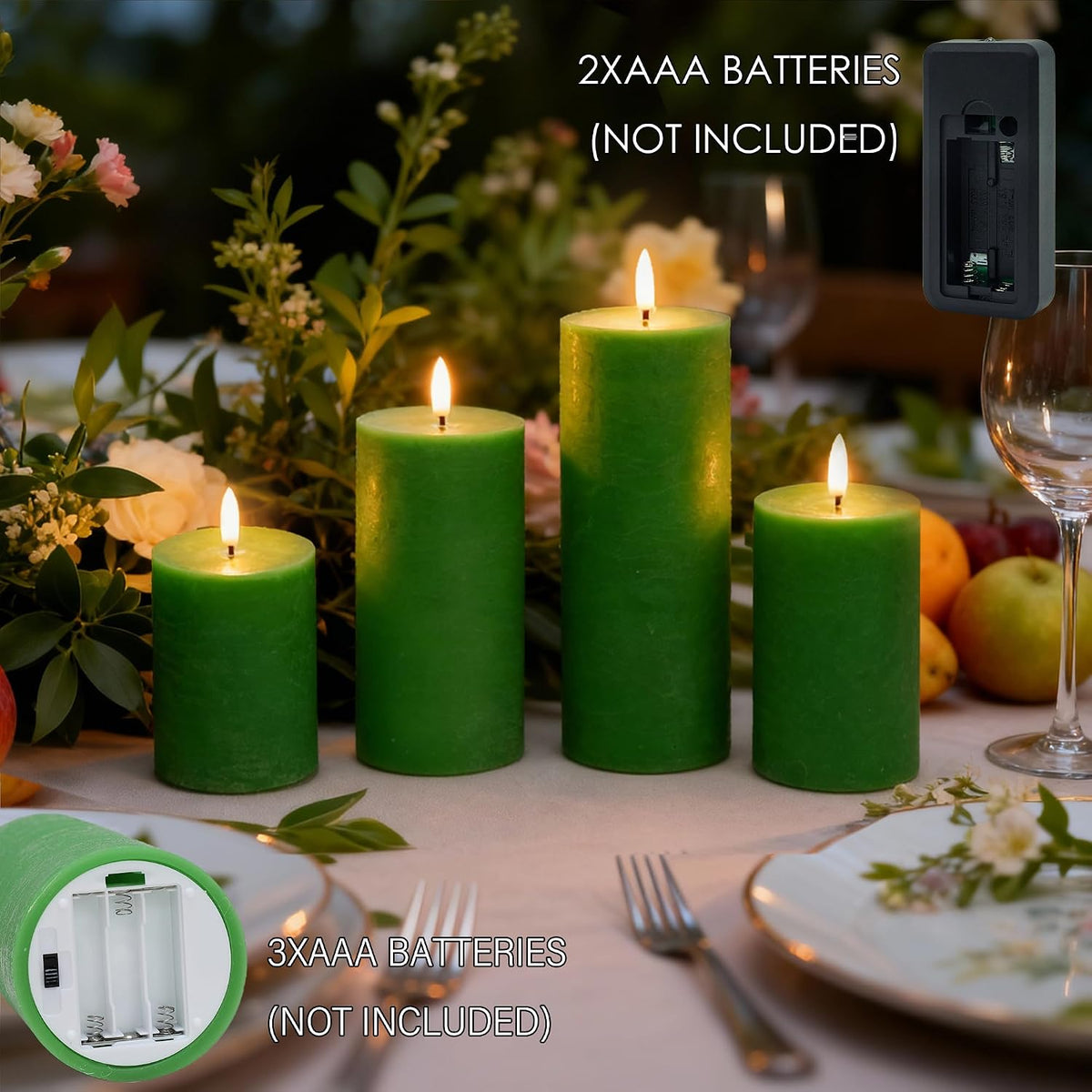 LUSHARBOR Green Flameless Candles, 4 Pack Battery Operated Candles for St. Patrick’s Day, Real Wax LED Fake Candles for