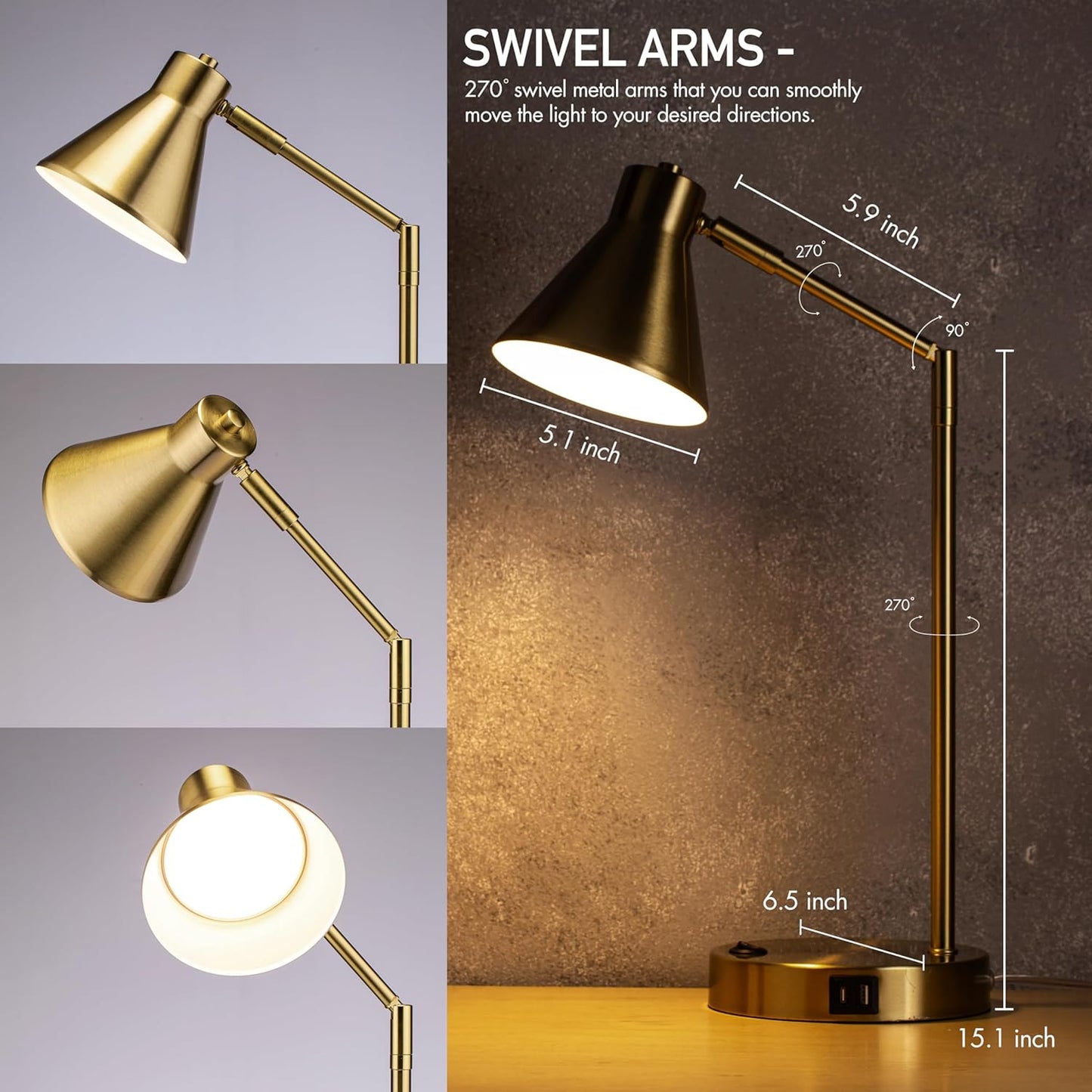 O'Bright Astrum - LED Desk Lamp with Dual USB Charging Ports, 100% Metal, 270 Degree Swivel Arms, Soft White Light