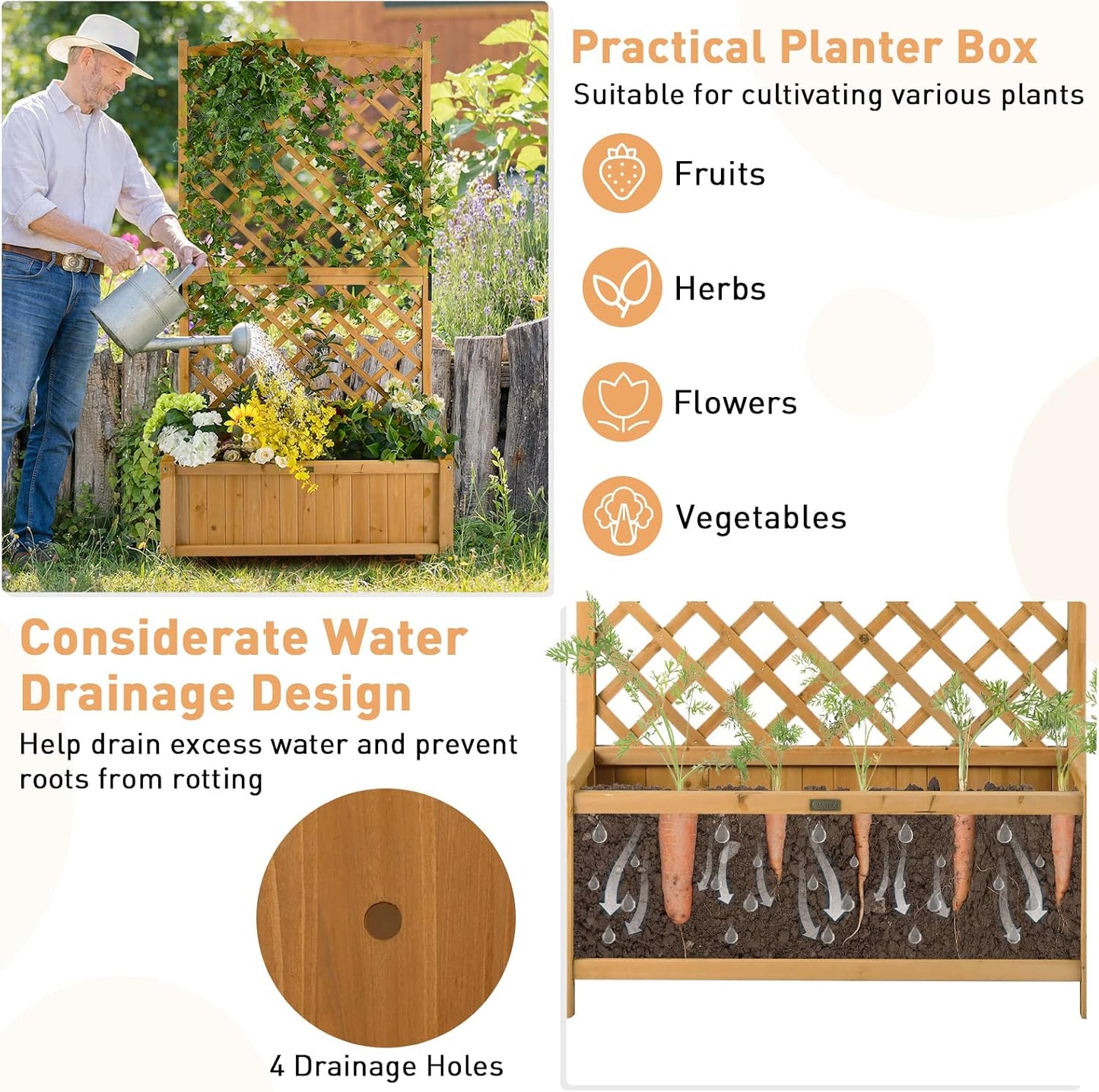GIANTEX Planter Raised Bed with Trellis, 71" Wooden Garden Bed, High Trellis for Vine Plant Flower Climbing Pot