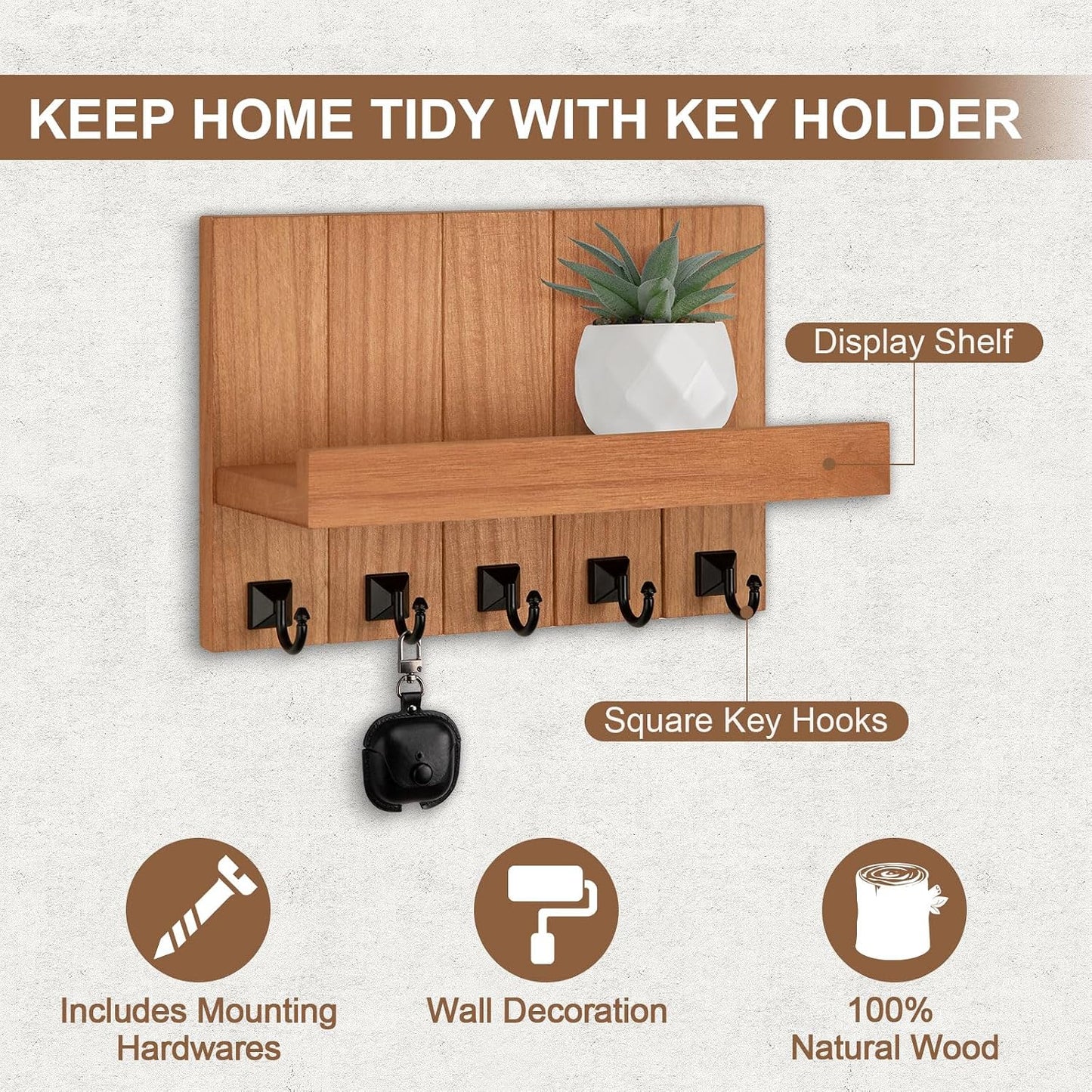 Key Holder / 5 Key Hooks / Wood / Standard - 9.6inch