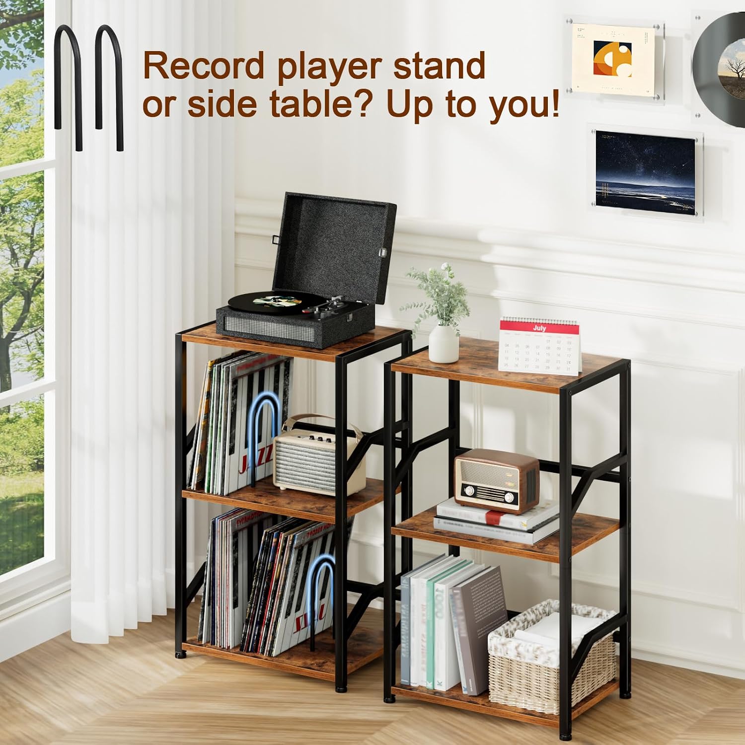 Record Player Stand, Turntable Stand with Vinyl Record Storage | Vinyl Record Player Table Holds 200 Albums, 3 Tier End