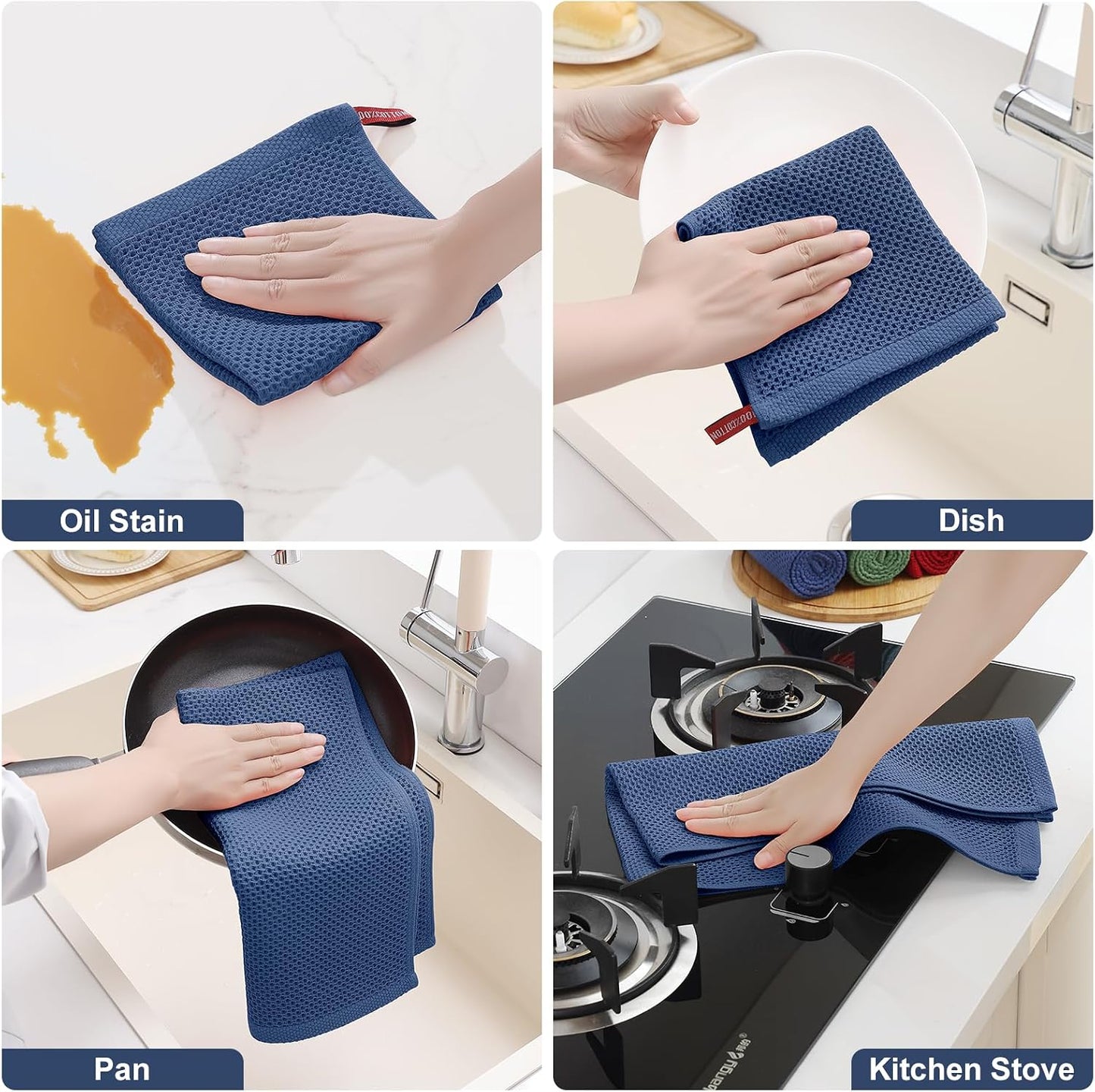 Homaxy 10 Pack 100% Cotton Kitchen Towels and Dishcloths Set, Navy Blue | 12 x 12 Inches and 13 x 28 Inches Kitchen