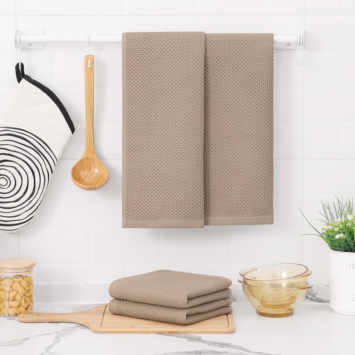 Kitinjoy 100% Cotton Waffle 6-Pack Kitchen Towels, 13" x 28", Tan | Super Soft, Ultra-Absorbent, Fast Drying