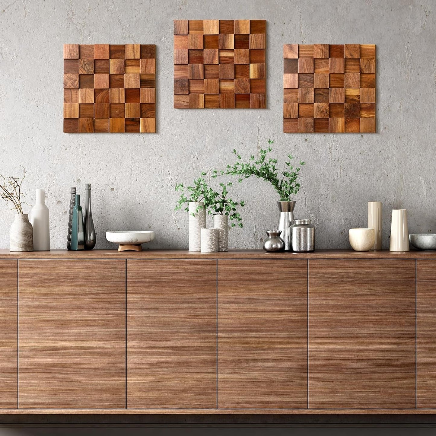 3D Wood Wall Art 11.8'' x 11.8'' Rugged Mosaic Wood Wall Decor Rustic Block Wooden Wall / Set of 3