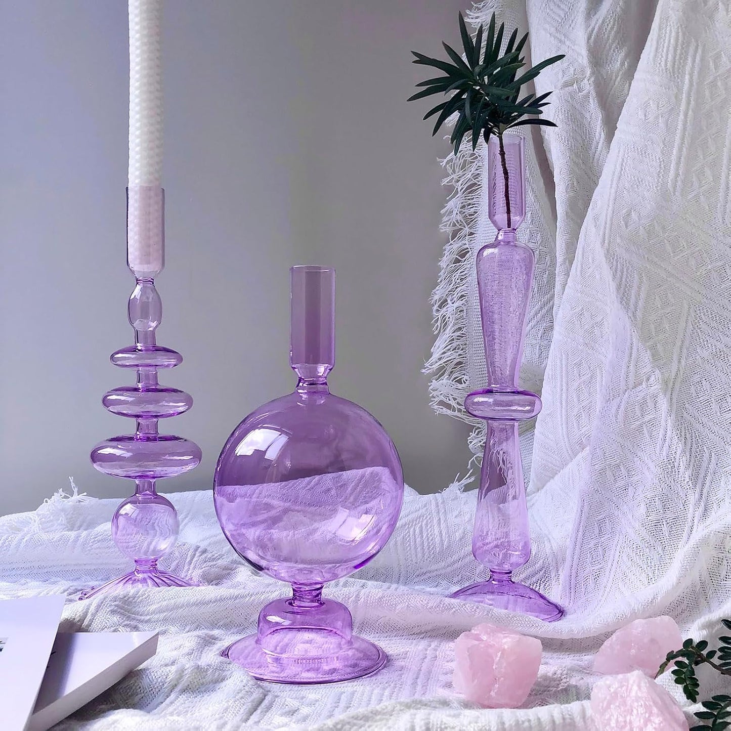 Candle Stick Candle Holder, Glass Candle Holders for Table Centerpiece, Modern Style Purple Candle Holder Mixed 4pcs