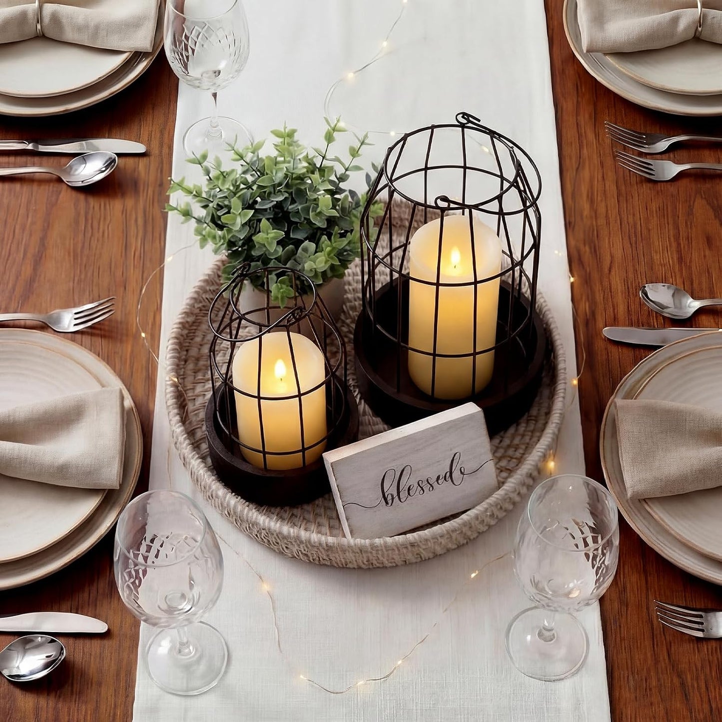 Mumufy 5 Pcs Candle Stands for Pillar Candles Metal,Large,Black, Brown | Decorative Lanterns Centerpieces with Tray for