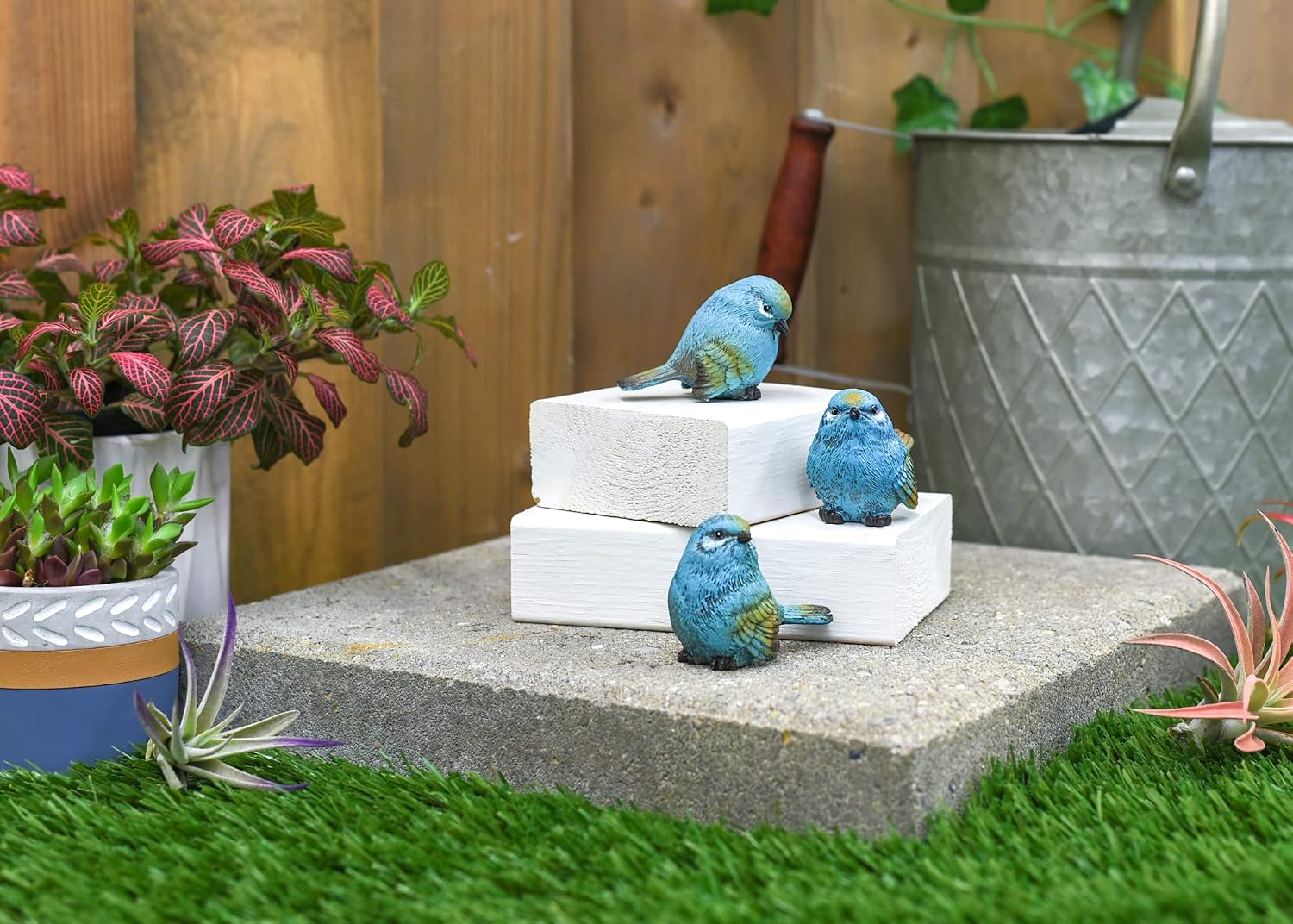 Seaside Cottage Textured Chickadee Birds Resin Stone Tabletop / Blue / 2.5 x 2.5 / Set of 3