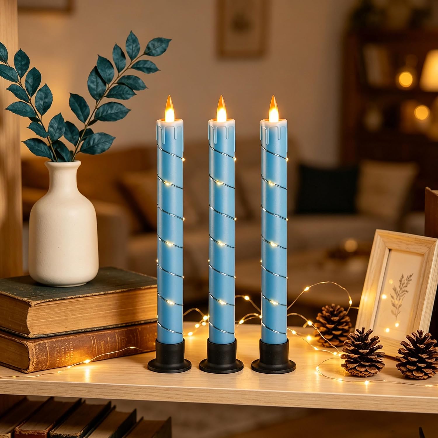 3 Pack Blue Dripping Wax Flameless Candles, Realistic Dynamic Flame LED Taper Candles with Surrounding Fairy String
