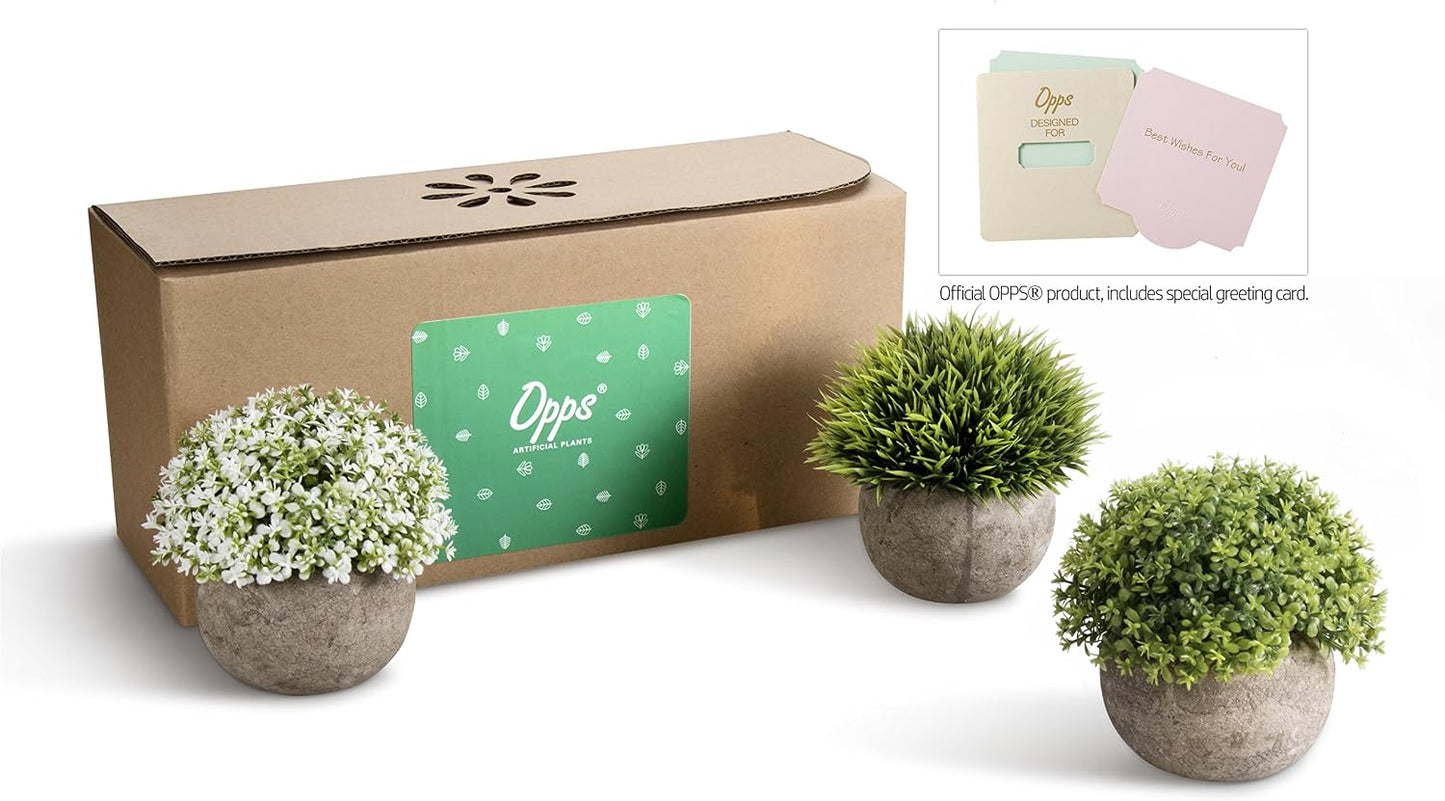 Artificial Plastic Mini Plants Unique Fake Fresh Green Grass Flower / White & Green / Set of 3