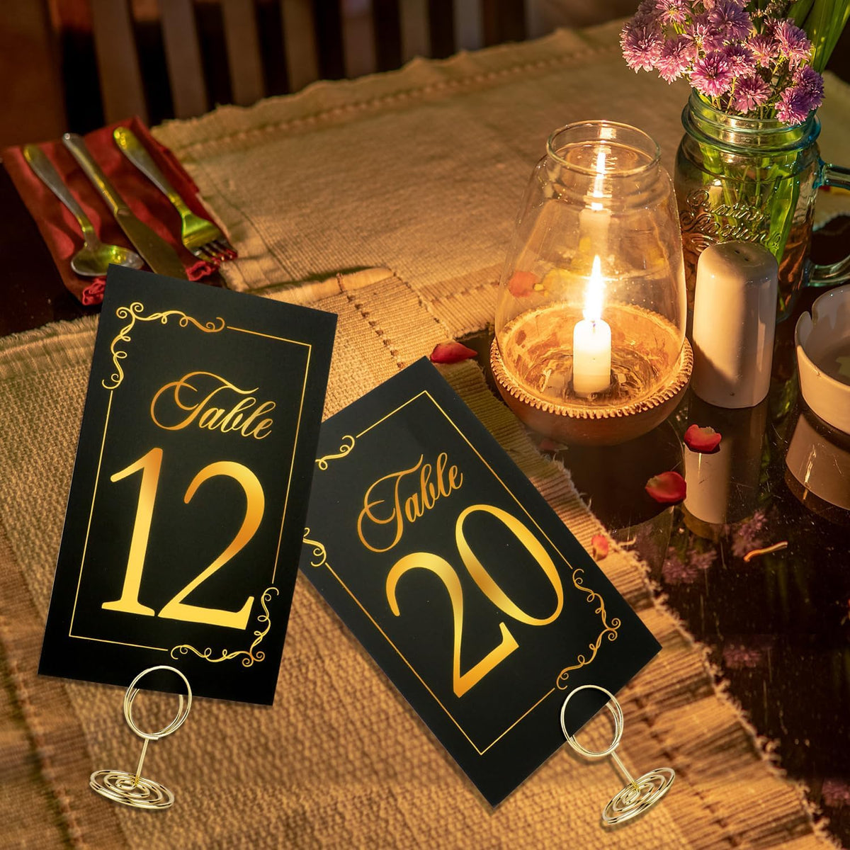 Wedding Table Numbers 1-40 and Head Table Card, Black Gold Table Number Cards with 41 Gold Table Number Holders, 1 Set