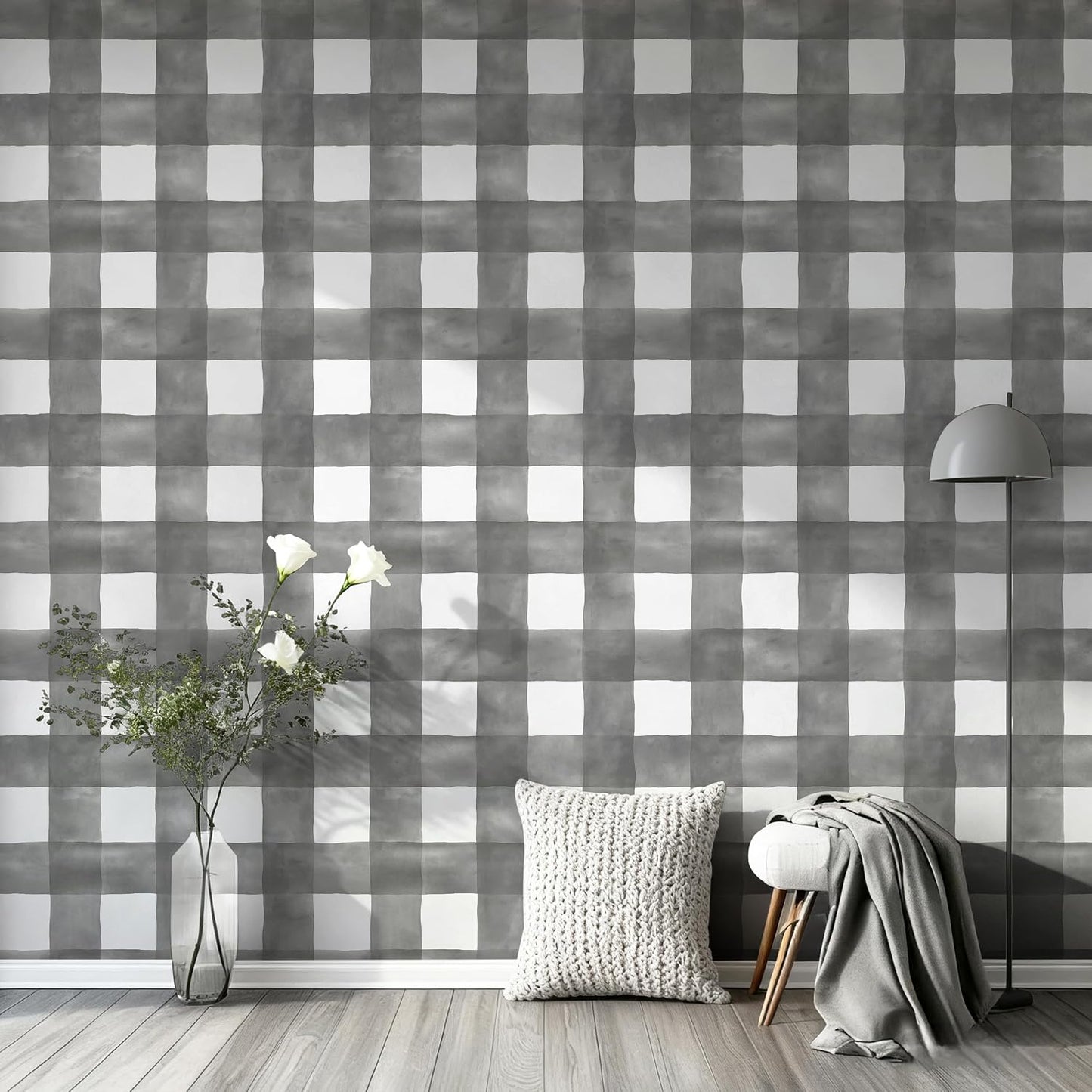 Grey Wallpaper Peel and Stick Plaid Modern Wall Paper Checkered / 17.3 x 78.7 / Grey and White
