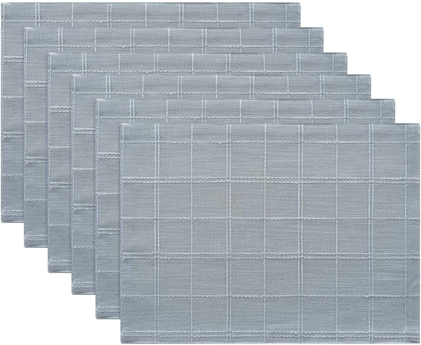 Linen Checked Farmhouse Placemats Set of 6, Chambray 13x19in | Double Layer, Reversible, Thick Textured Table Mats
