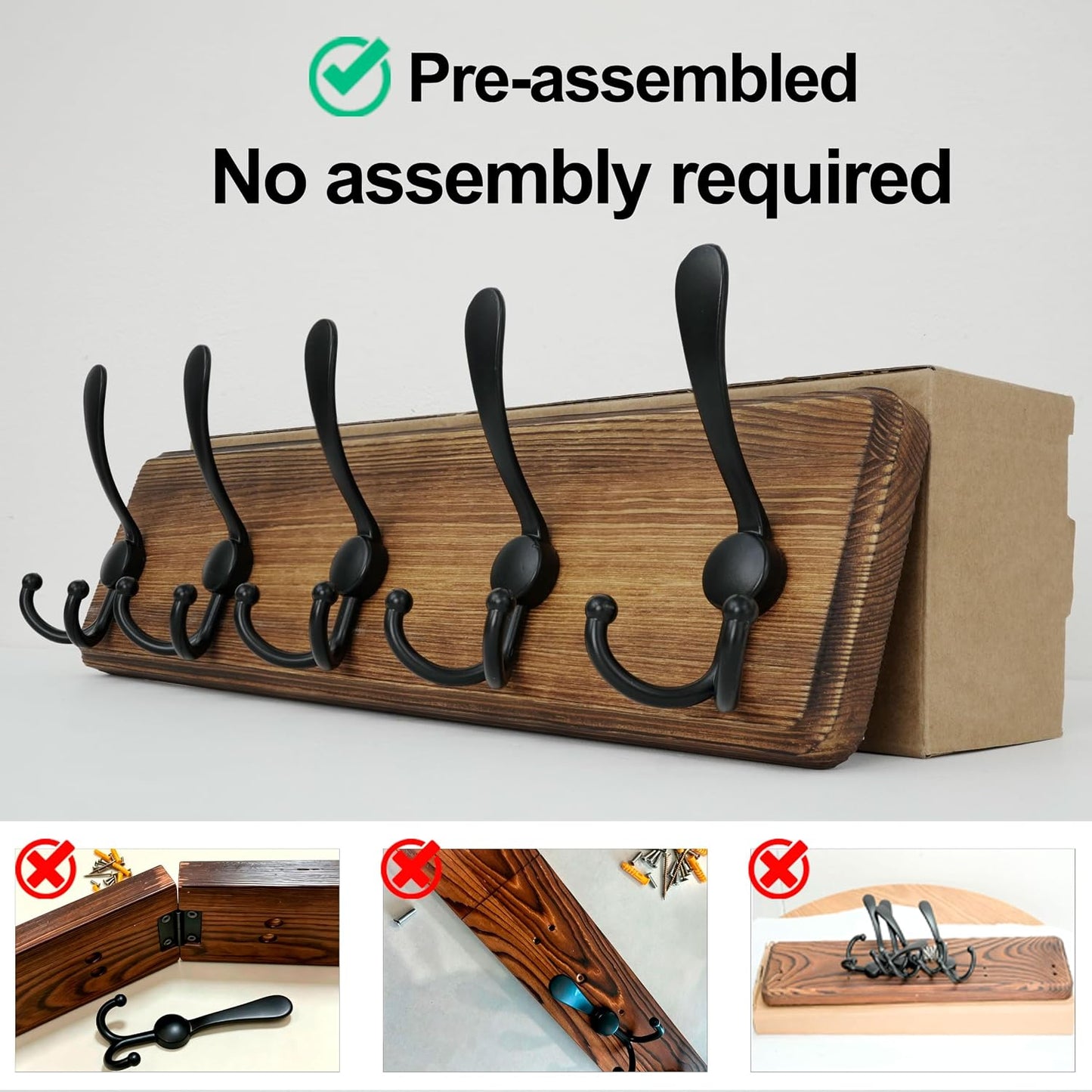 WEBI Rustic Coat Rack Wall Mounted,Wood Coat Hanger Wall,5 Coat Hooks,16" Hole to Hole,Hook Rack Rail,5 Triple Hooks