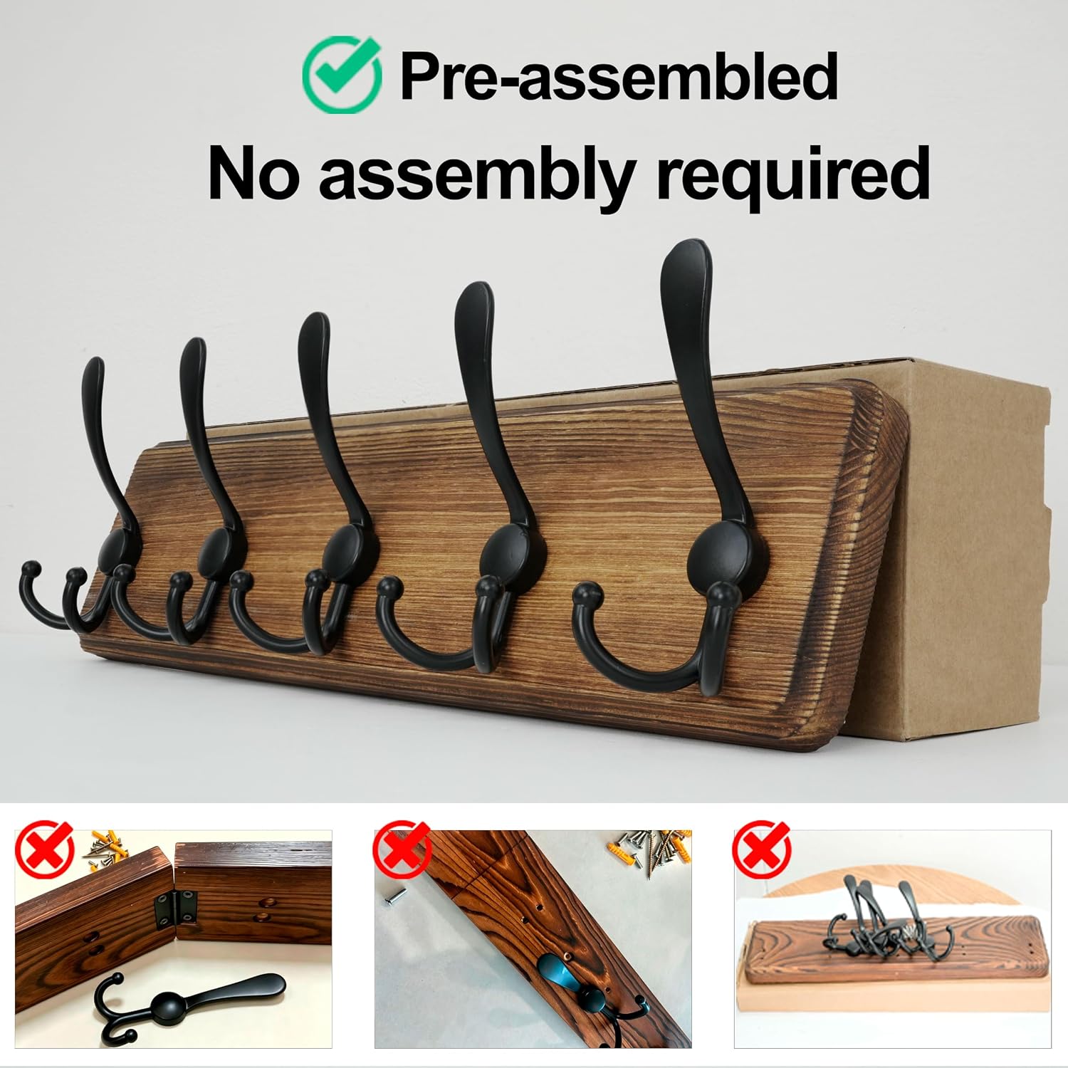 WEBI Rustic Coat Rack Wall Mounted,Wood Coat Hanger Wall,5 Coat Hooks,16" Hole to Hole,Hook Rack Rail,5 Triple Hooks