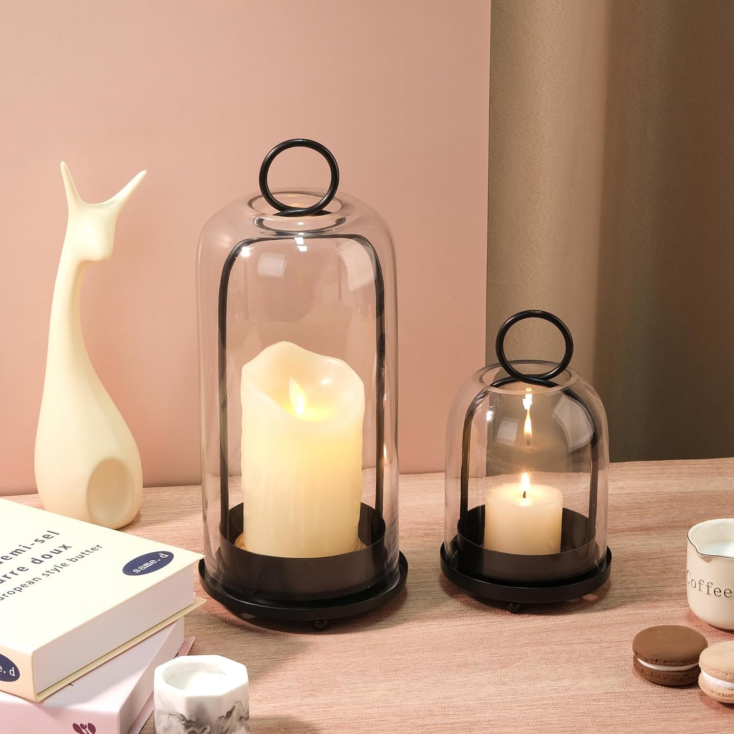 5" & 4" Wide Versatile Metal Candle Holder in Black with Handmade Thick, Heavy & Sturdy Glass Dome for Pillar Candle