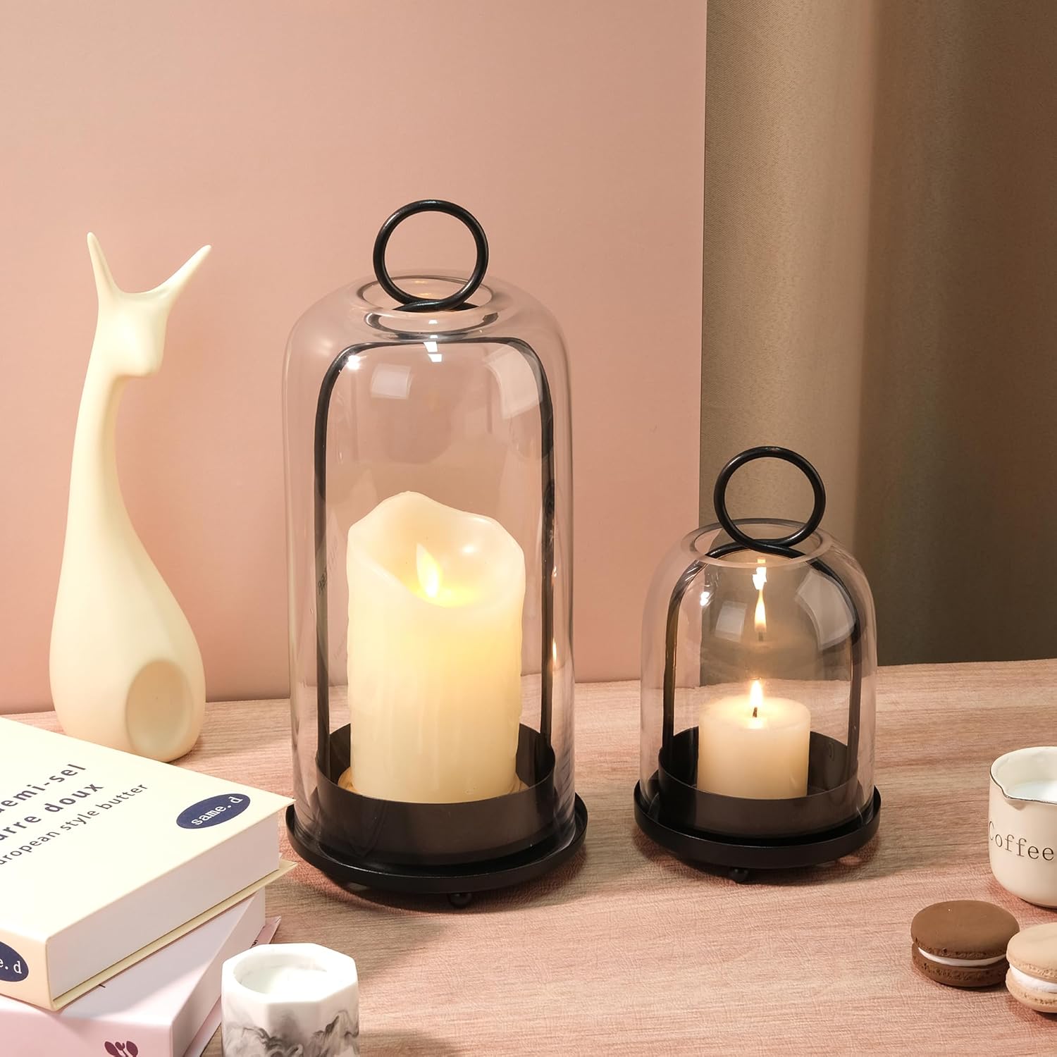 5" & 4" Wide Versatile Metal Candle Holder in Black with Handmade Thick, Heavy & Sturdy Glass Dome for Pillar Candle