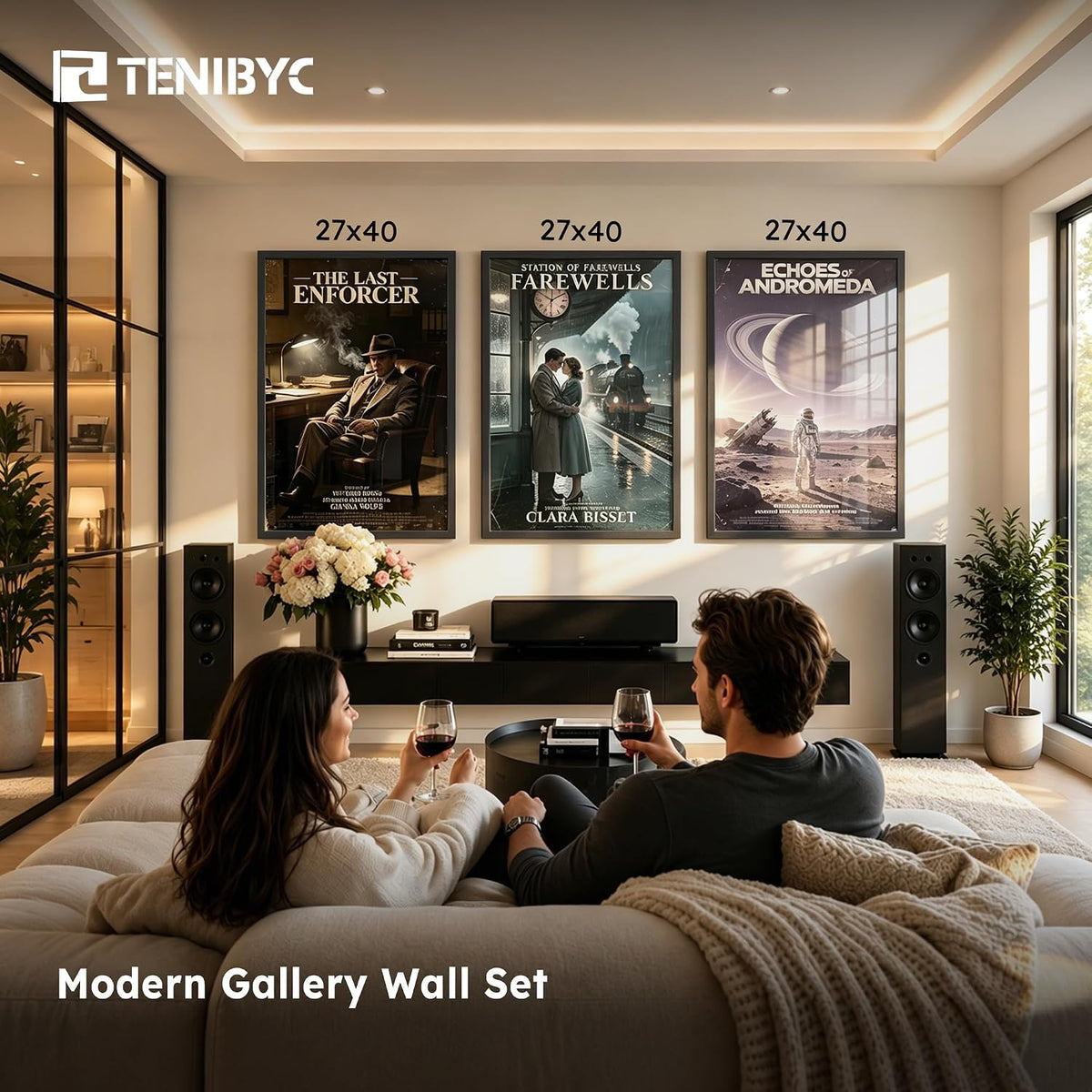 27x40 Poster Frame, Black Wood, 3 Pack, Wall Hanging for Poster | Thick Polished Plexiglass, Large Movie Poster Frame