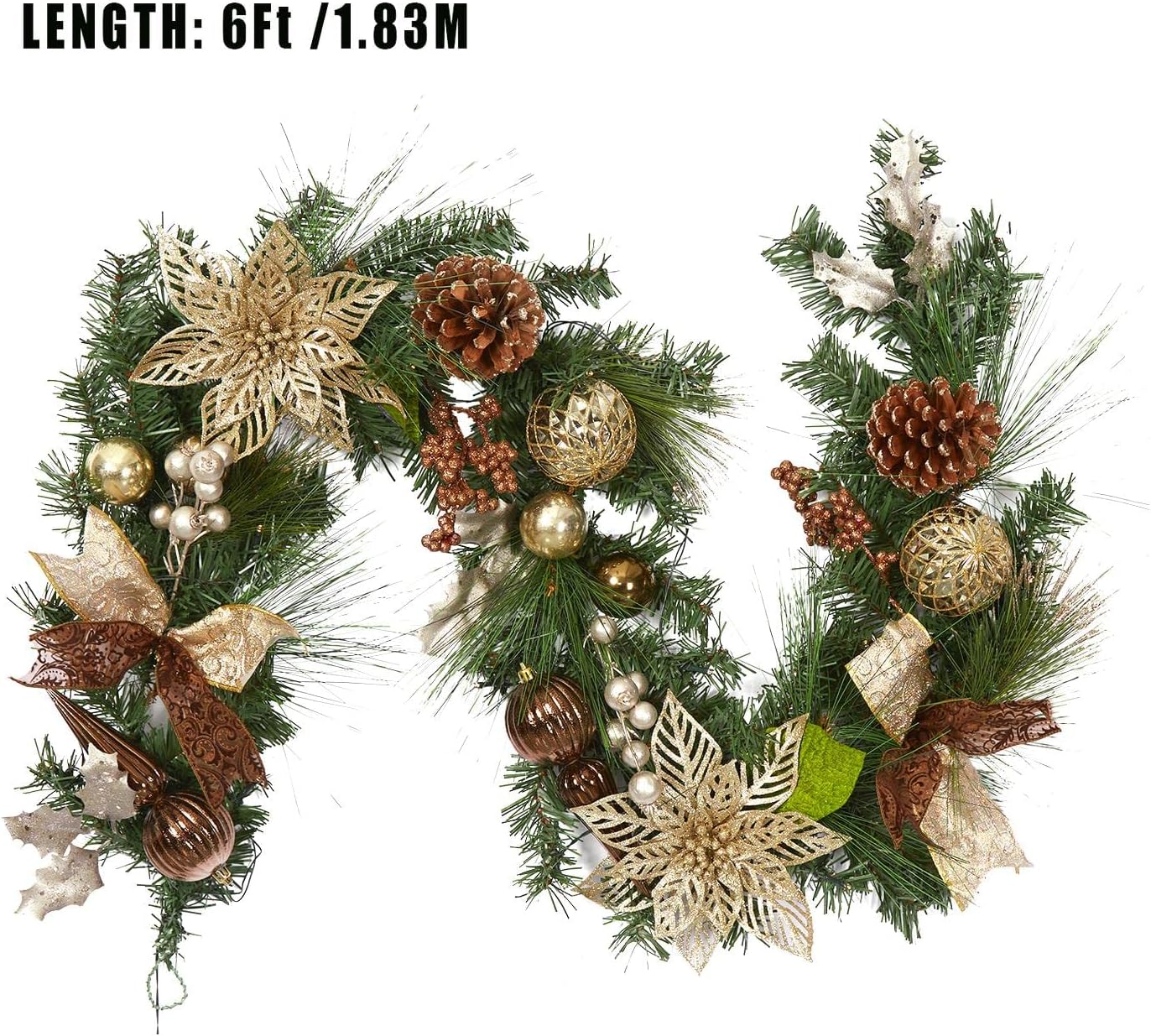 6ft Prelit Christmas Garland with 20 Lights, Xmas Fake Vines with Bows Christmas Balls Flowers Berries Greenery
