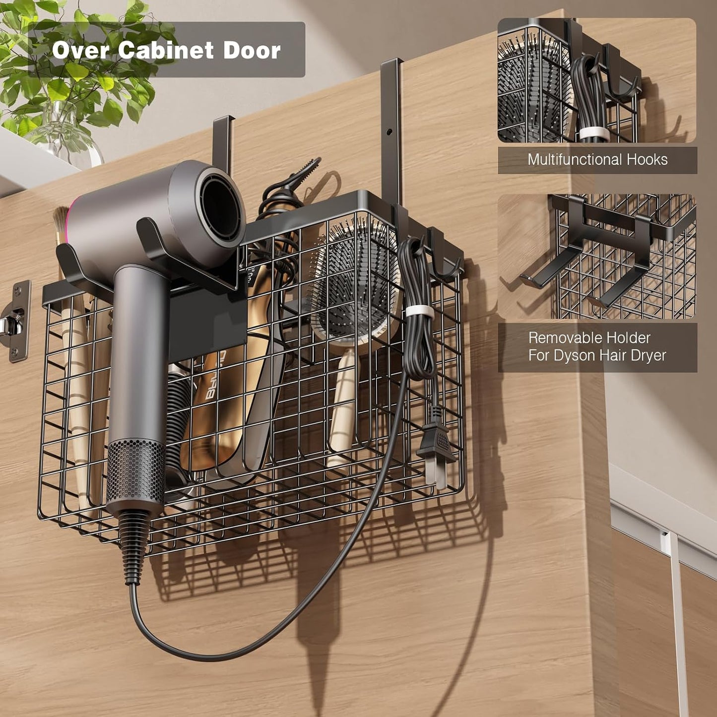 Voldra Hair Dryer Holder Cabinet Door, Adhesive Hair Tool Organizer Wall Mount Adjustable Height Blow Dryer Holder
