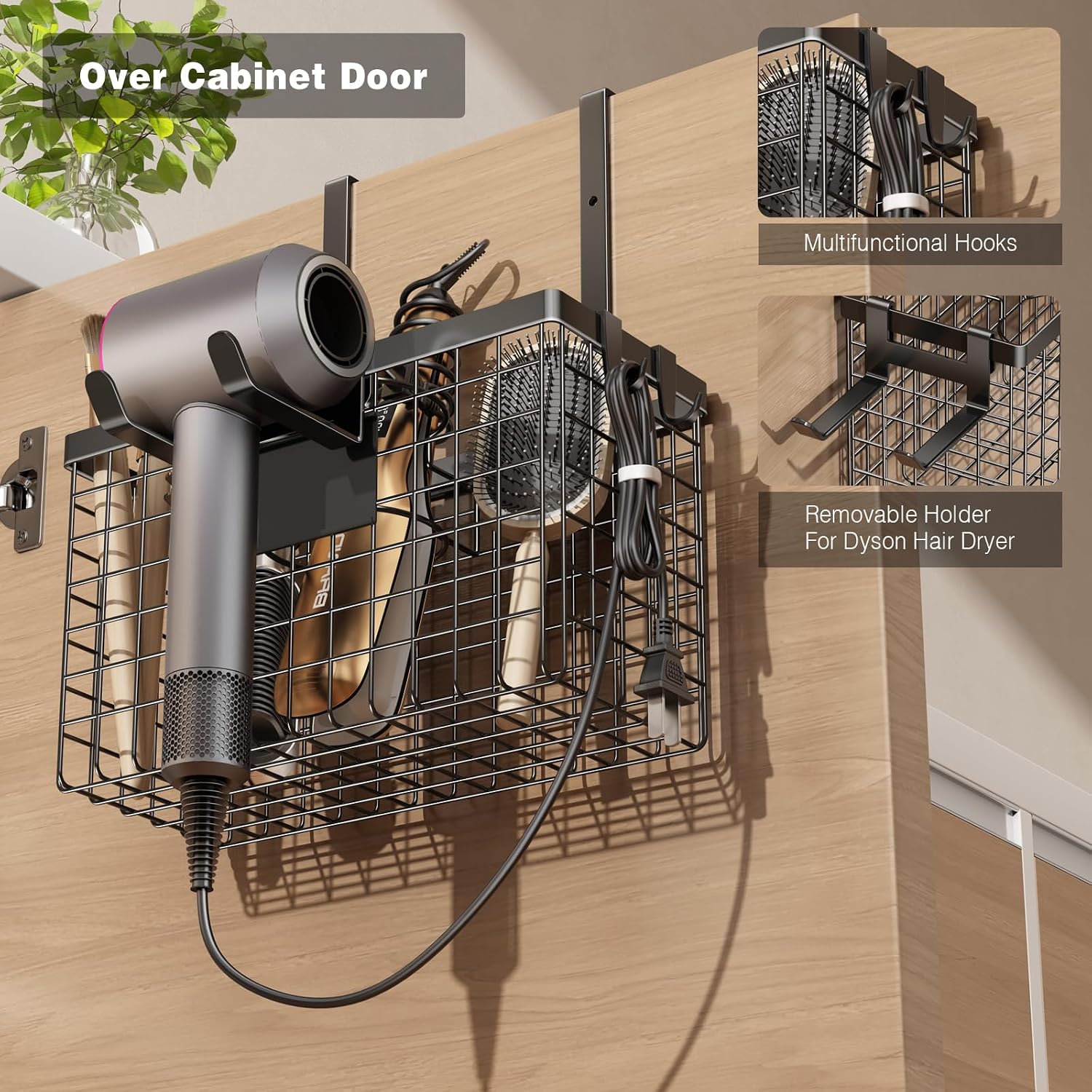 Voldra Hair Dryer Holder Cabinet Door, Adhesive Hair Tool Organizer Wall Mount Adjustable Height Blow Dryer Holder