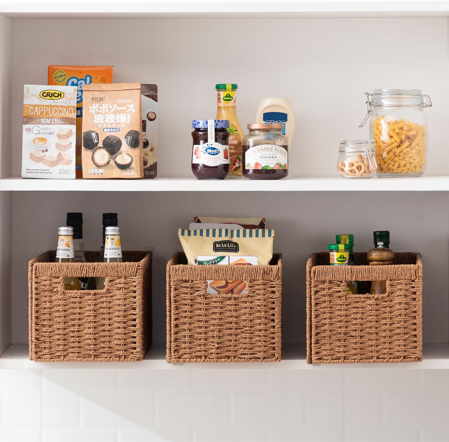 Wicker Basket / 13.4Lx8. W Woven Paper Rope Storage Baskets / Caramel / Medium / 3 x 7.1 / Set of 2