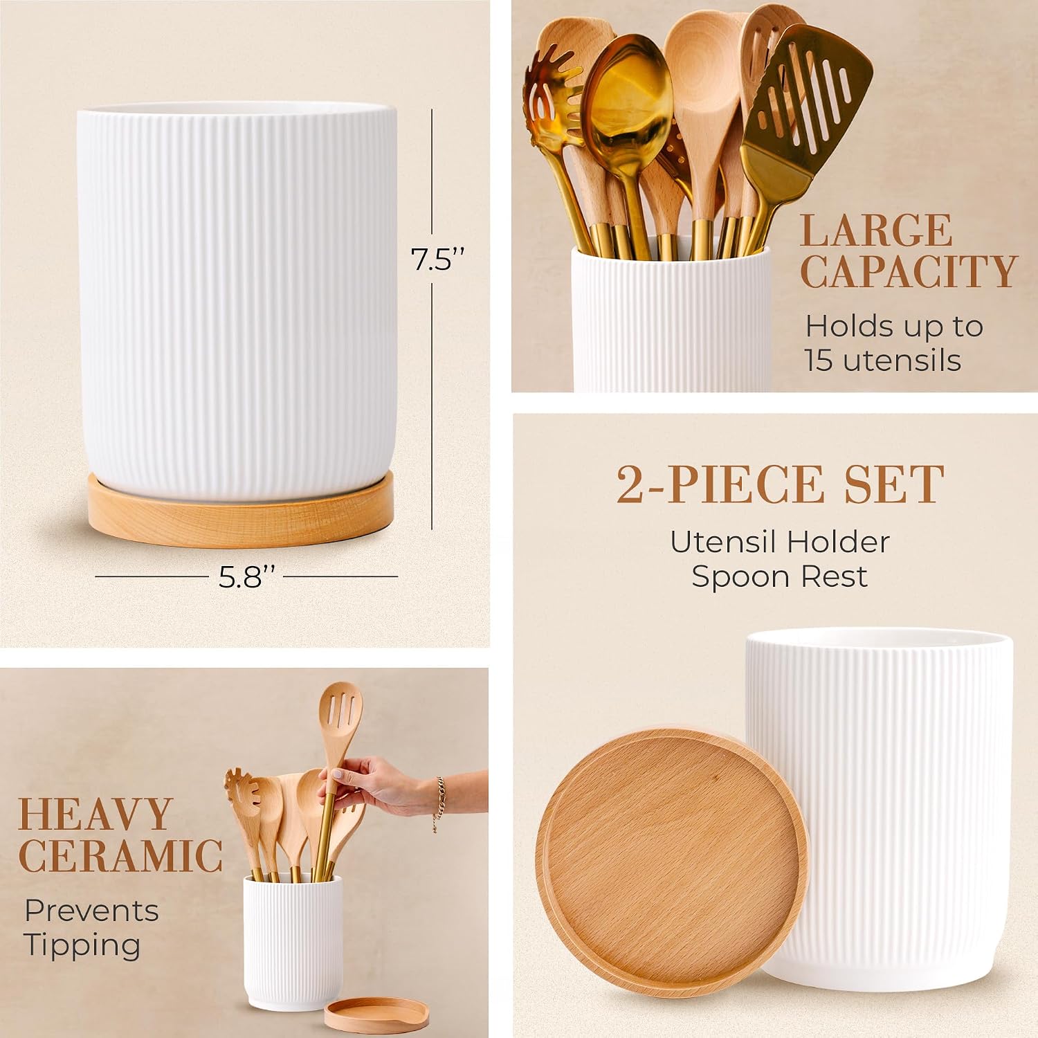 STYLED SETTINGS White Ceramic Utensil Holder with Built-In Wooden Spoon | 2 Piece Set for Kitchen Countertop